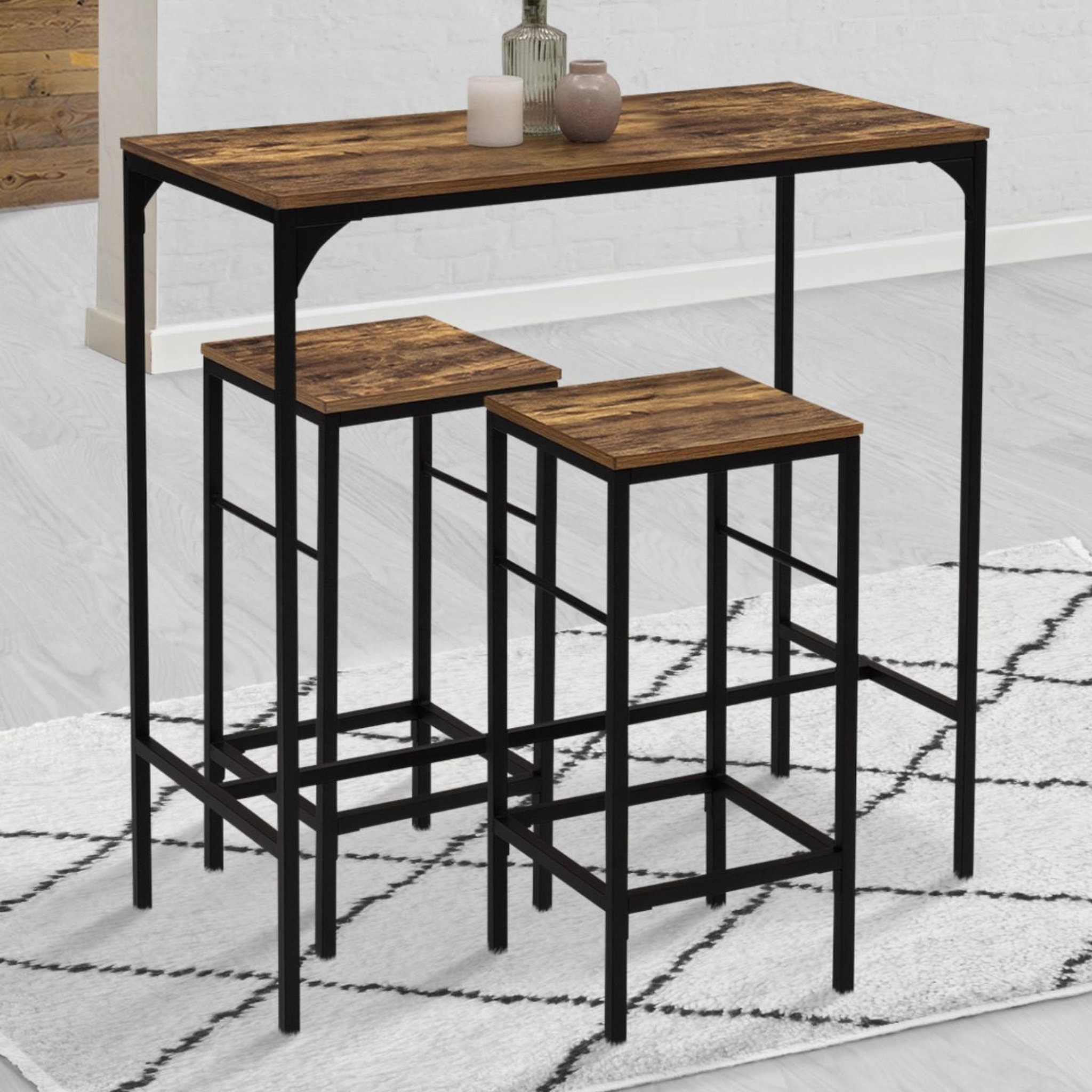 Voir la diapositive 2 : ID MARKET Ensemble table haute de bar dayton 100 cm et 4 chaises de bar effet vieilli design industriel