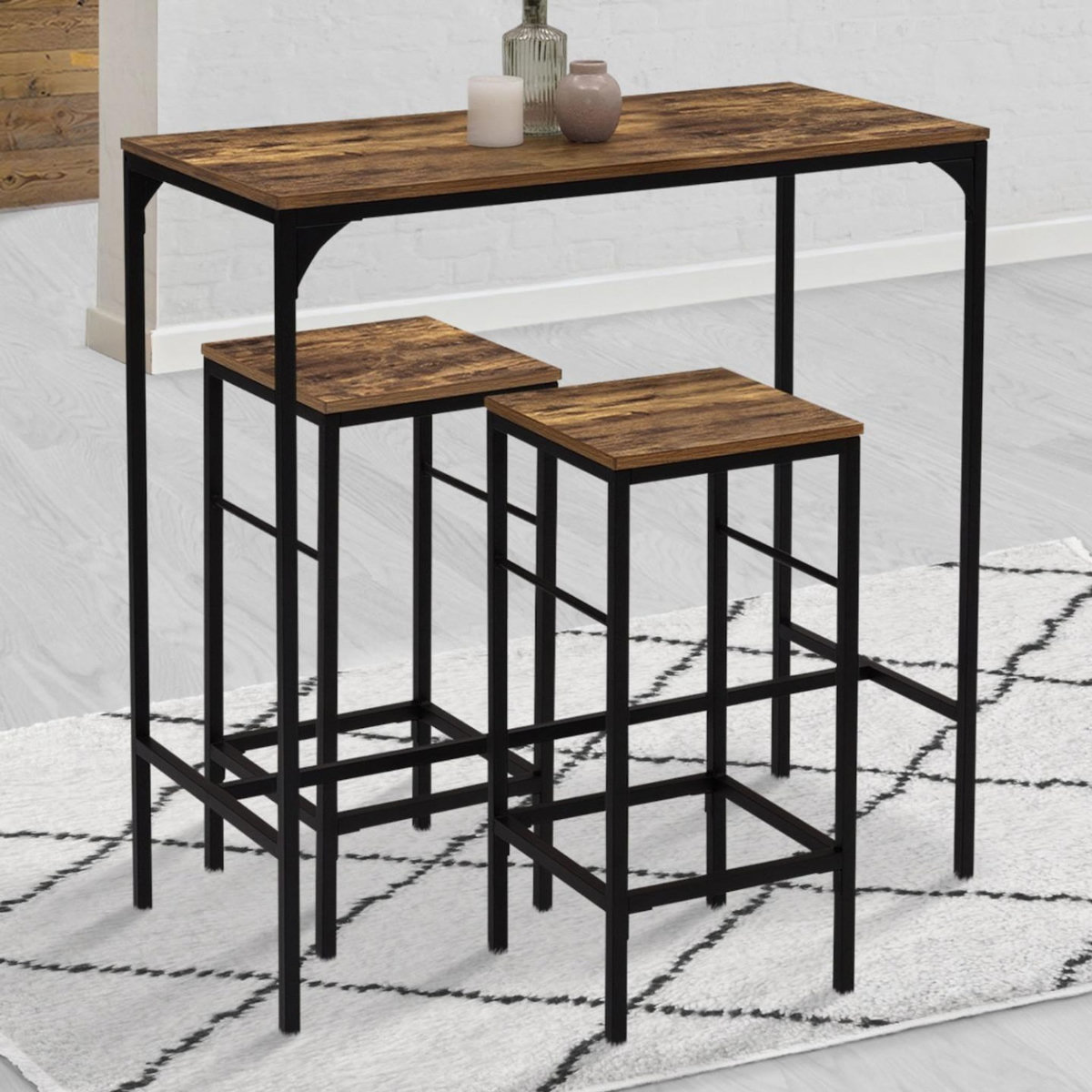 ID MARKET Ensemble table haute de bar DAYTON 100 cm et 4 chaises de bar effet vieilli design industriel