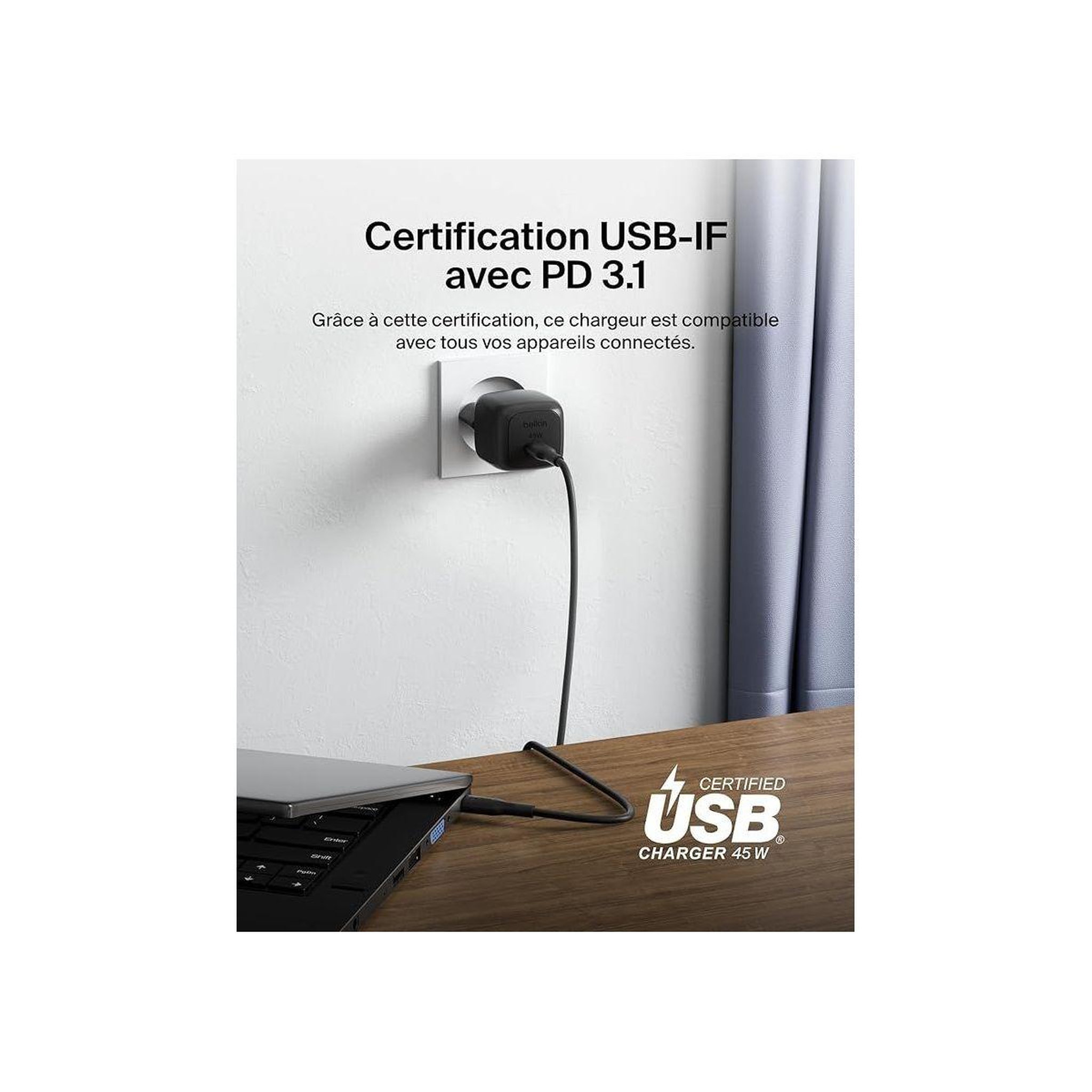 Voir la diapositive 3 : Belkin Chargeur 45w usb charge rapide & cable 1m noir