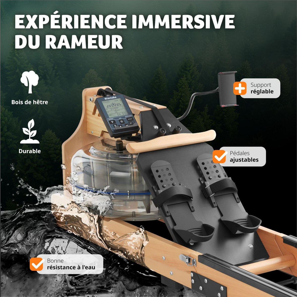 tectake Rameur en bois en hêtre massif et pliable noir/marron