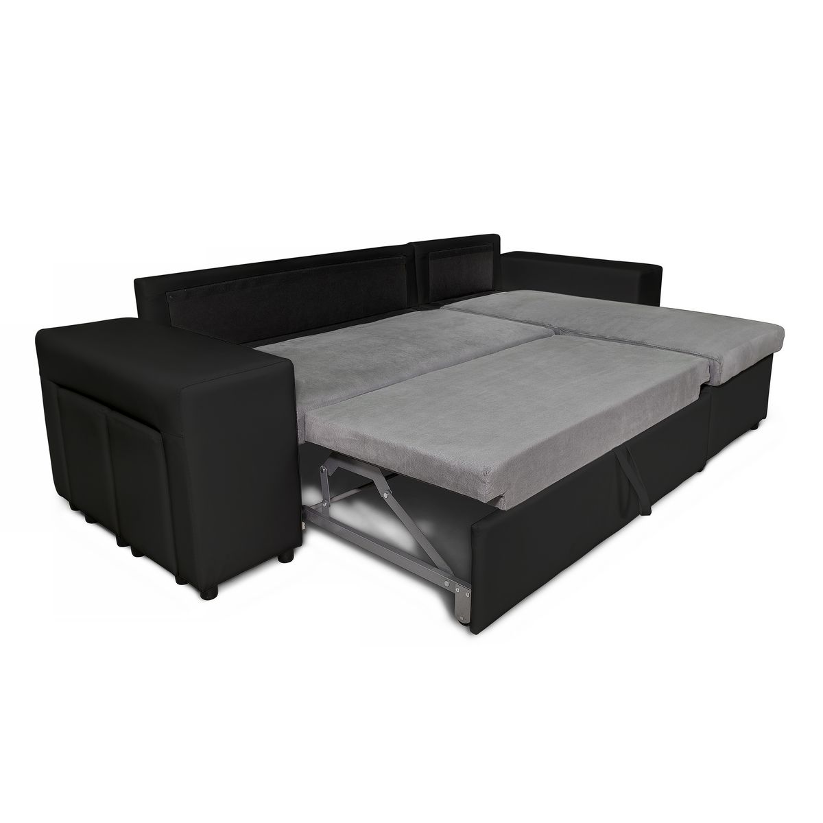 Canapé d'angle convertible avec coffre 3 places + 2 poufs à gauche et étagère à droite  MACHA