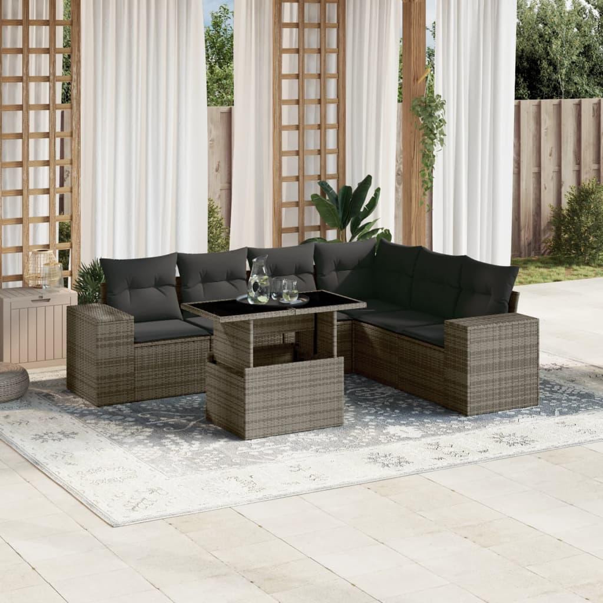 VIDAXL Salon de jardin avec coussins 7 pcs gris resine tressee