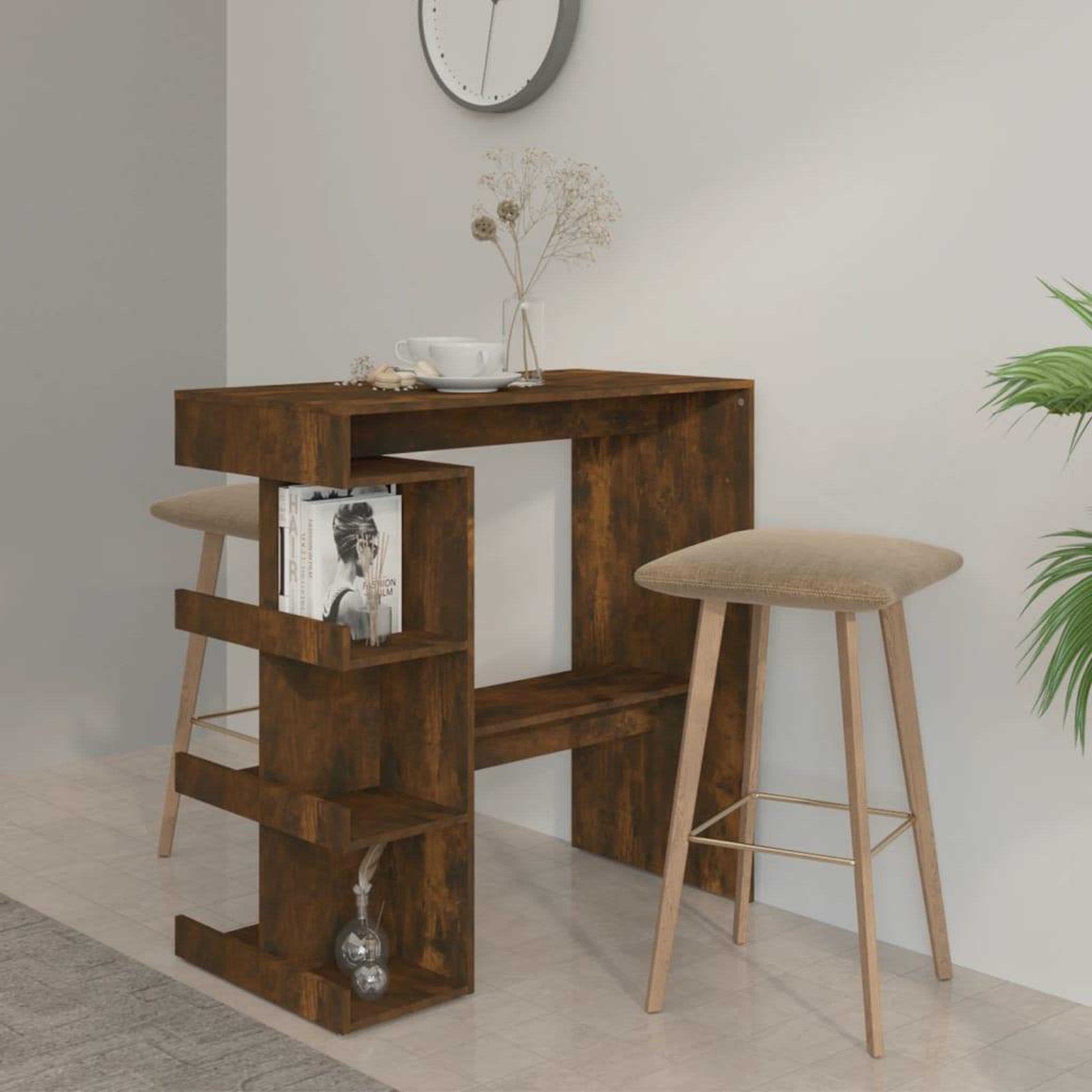 Voir la diapositive 1 : VIDAXL Table de bar et etagere de rangement chene fume bois ingenierie