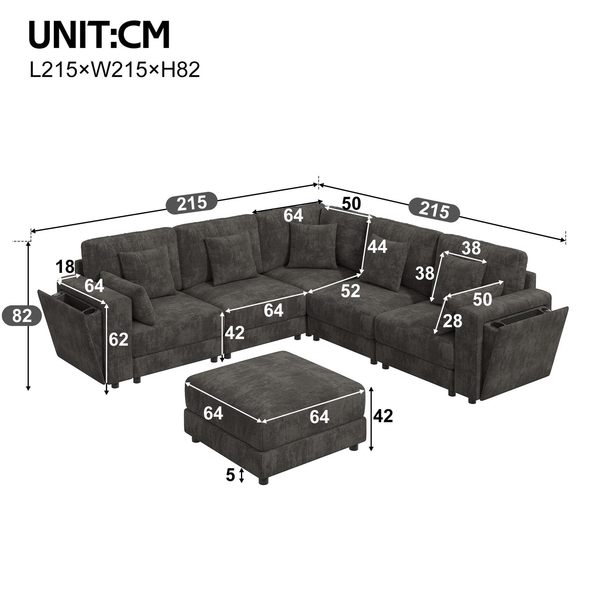 Voir la diapositive 3 : MERAX Canapé d'angle modulable 6 places l/u chenille avec usb rangement porte-gobelet