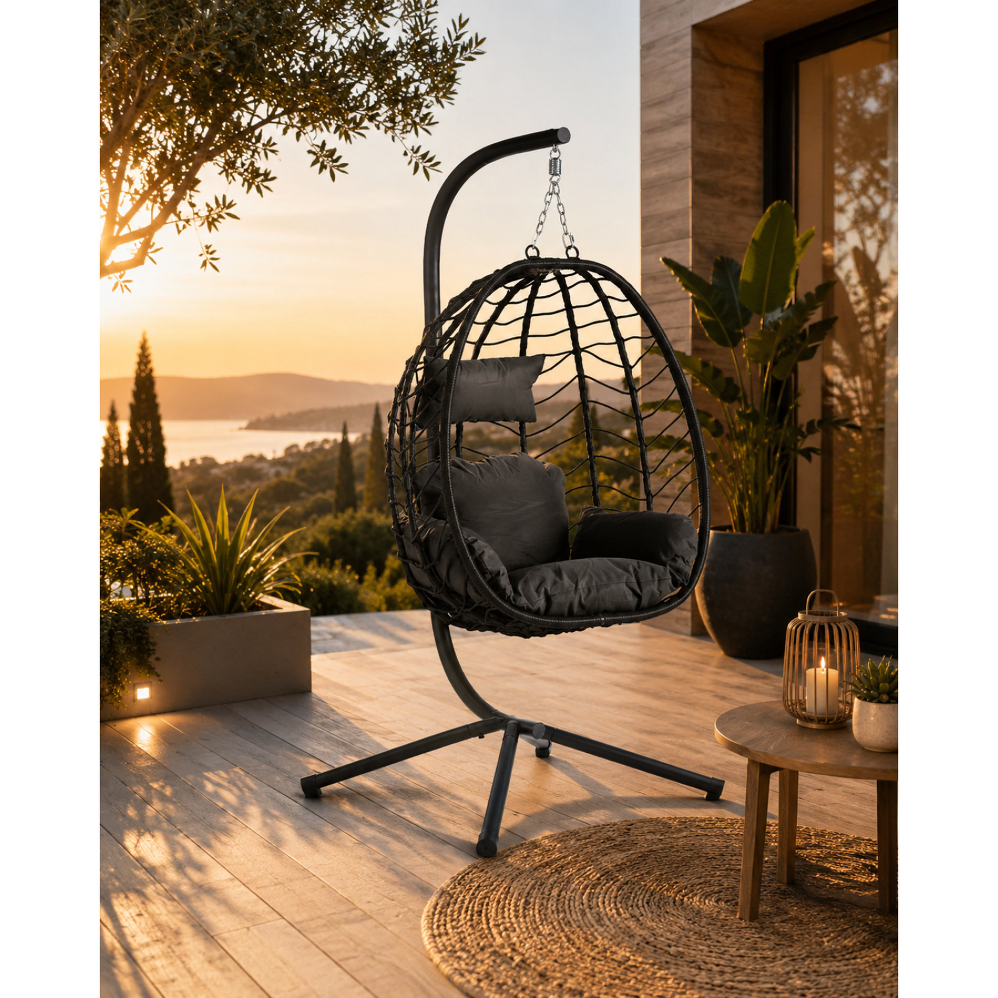 Voir la diapositive 2 : CONCEPT USINE Fauteuil suspendu en résine effet rotin noir lima