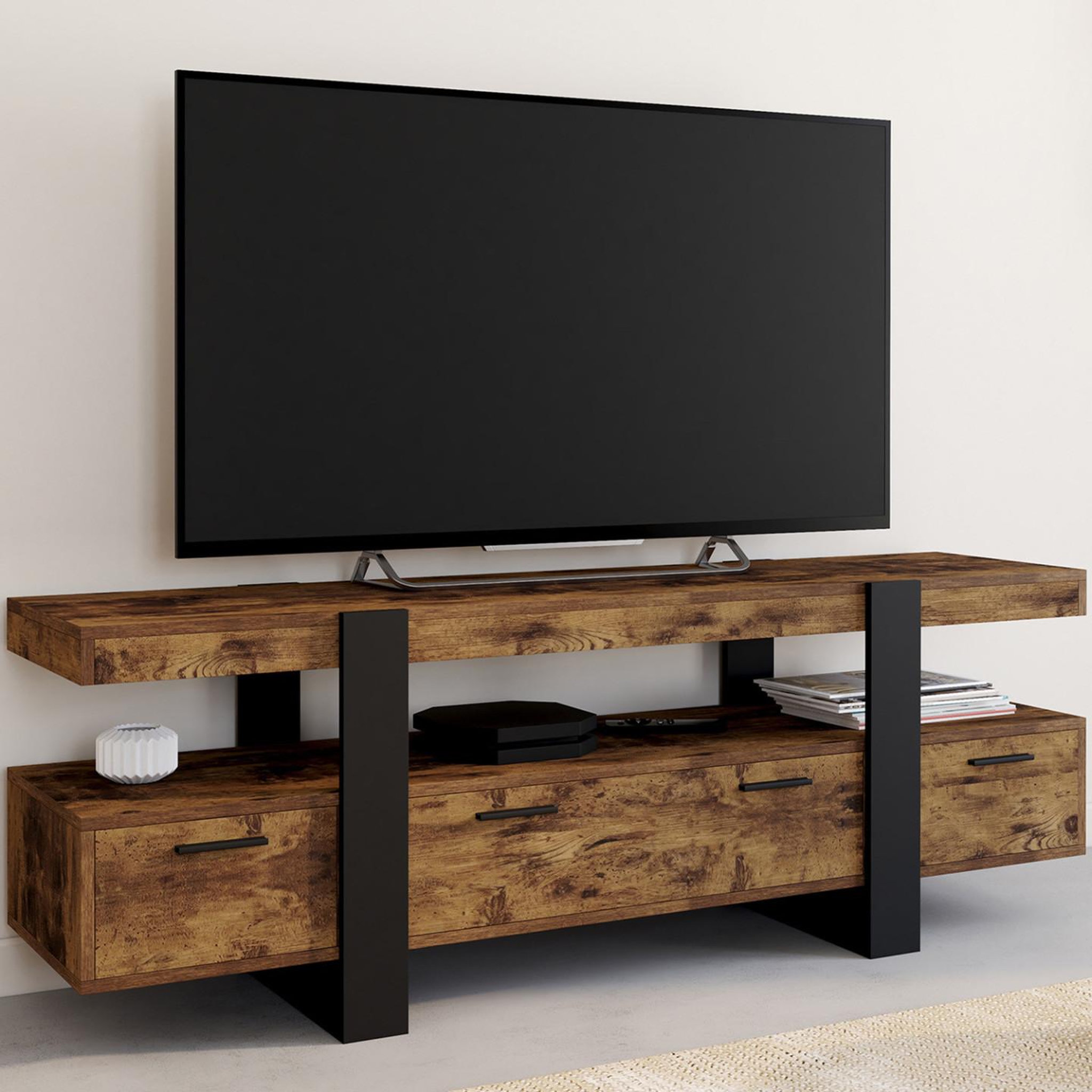 ID MARKET Meuble tv 140 cm phoenix avec tiroirs bois effet vieilli et noir