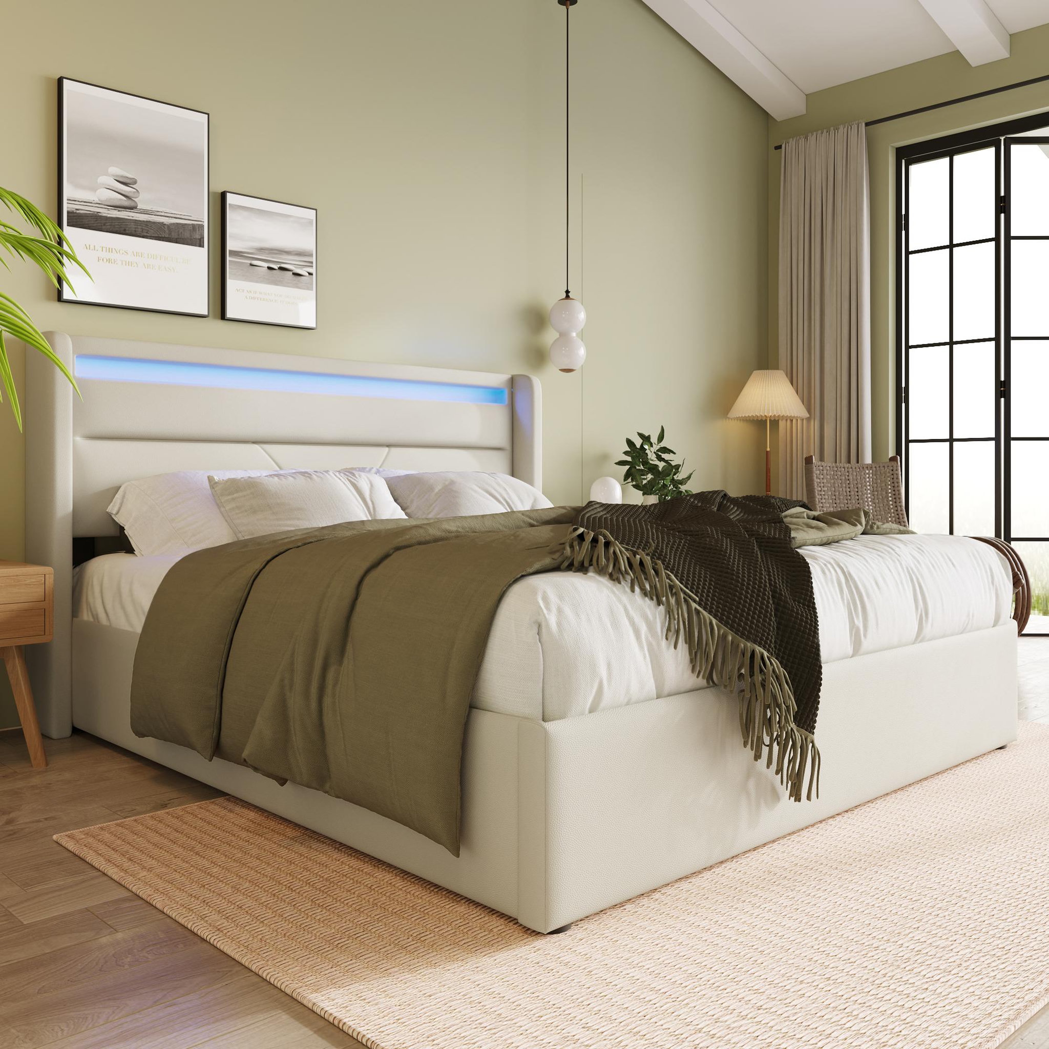 Voir la diapositive 3 : MERAX Lit coffre avec sommier et LED PU
