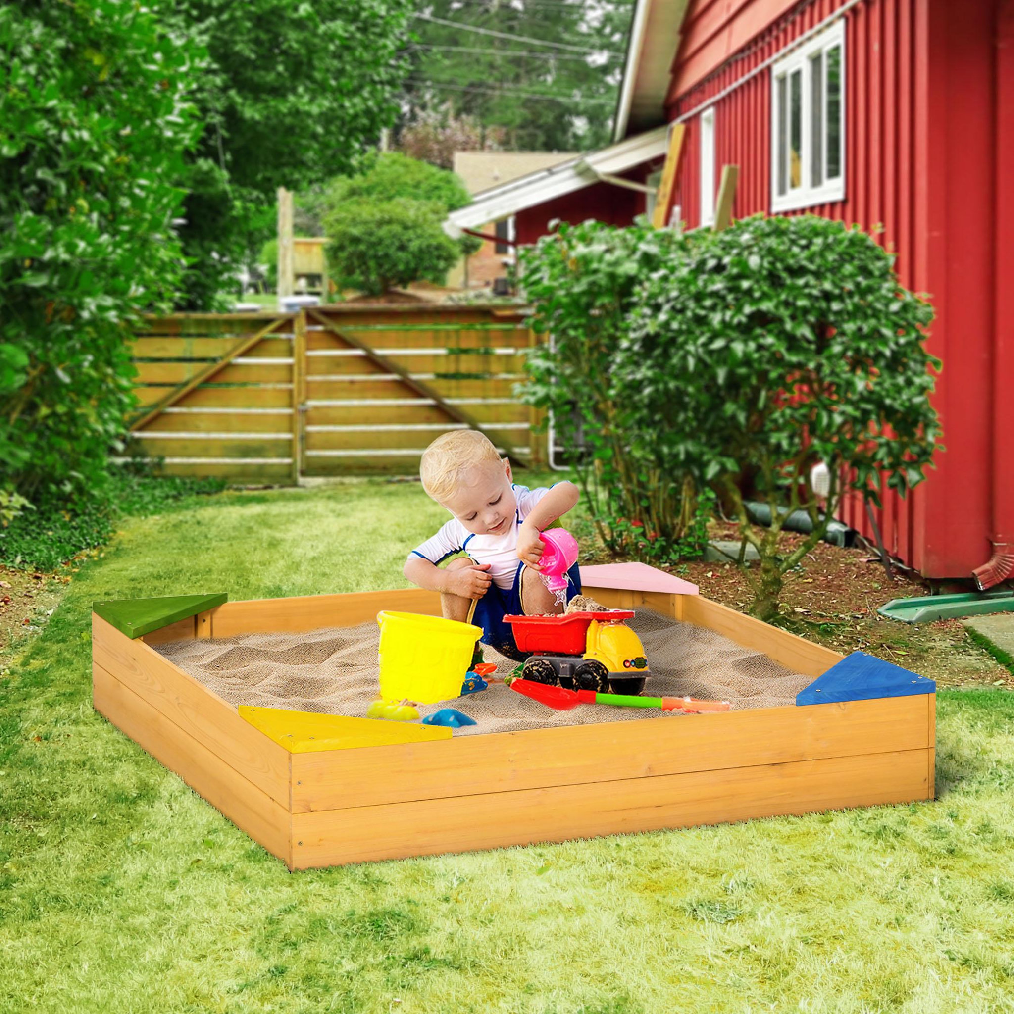 Voir la diapositive 2 : OUTSUNNY Bac à sable carré en bois pour enfants 4 assises en coin et film protection 109 x 109 x 19,8 cm bois naturel