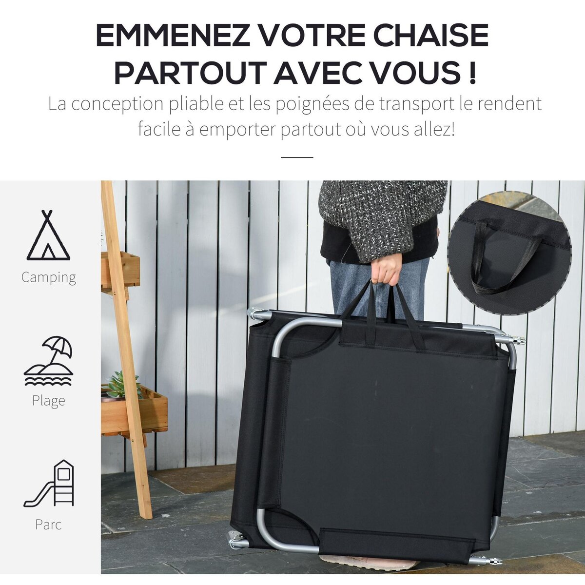 OUTSUNNY Bain de soleil transat pliable dossier réglable multipositions métal et polyester noir