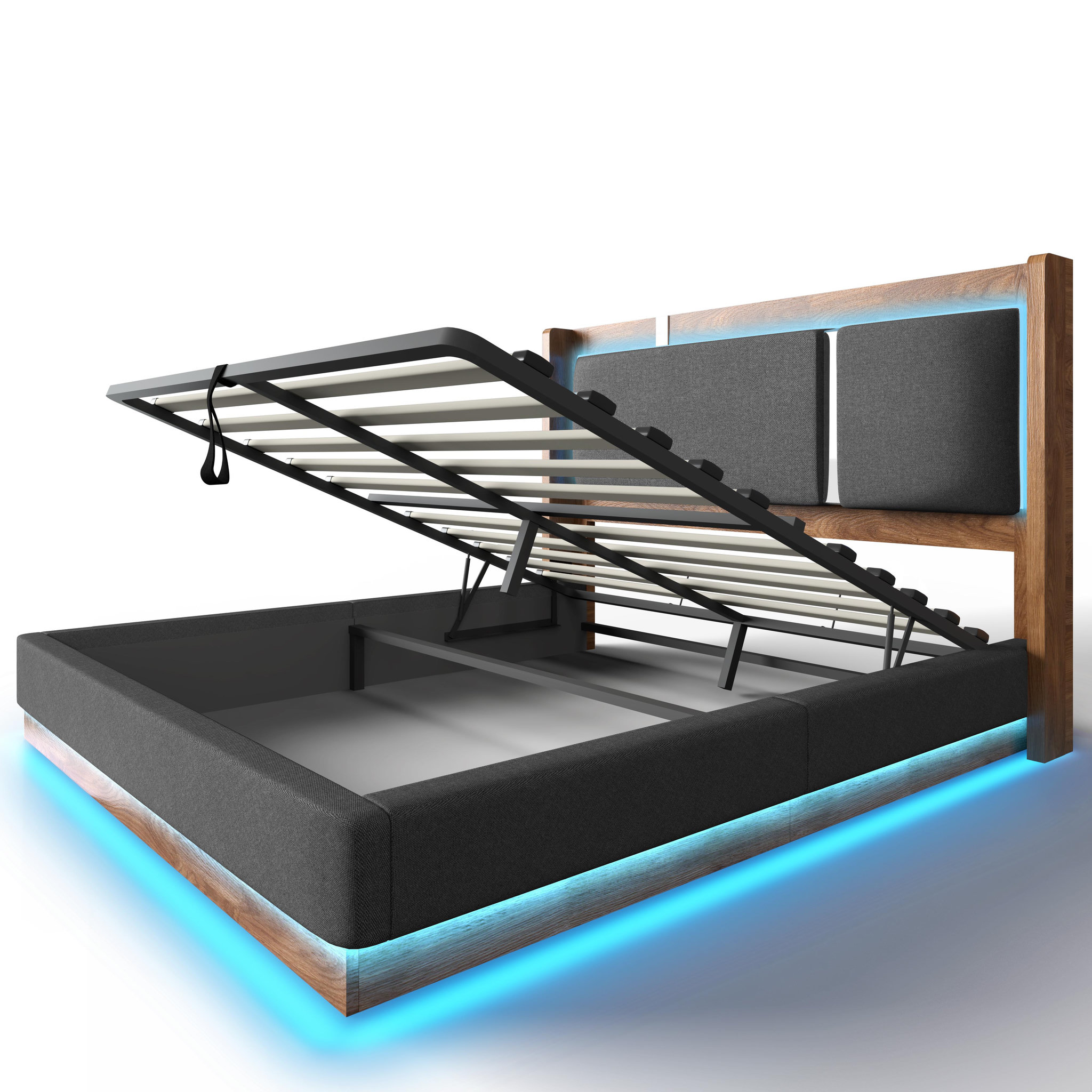Voir la diapositive 6 : MERAX Lit double avec rangement hydraulique led tissu lin