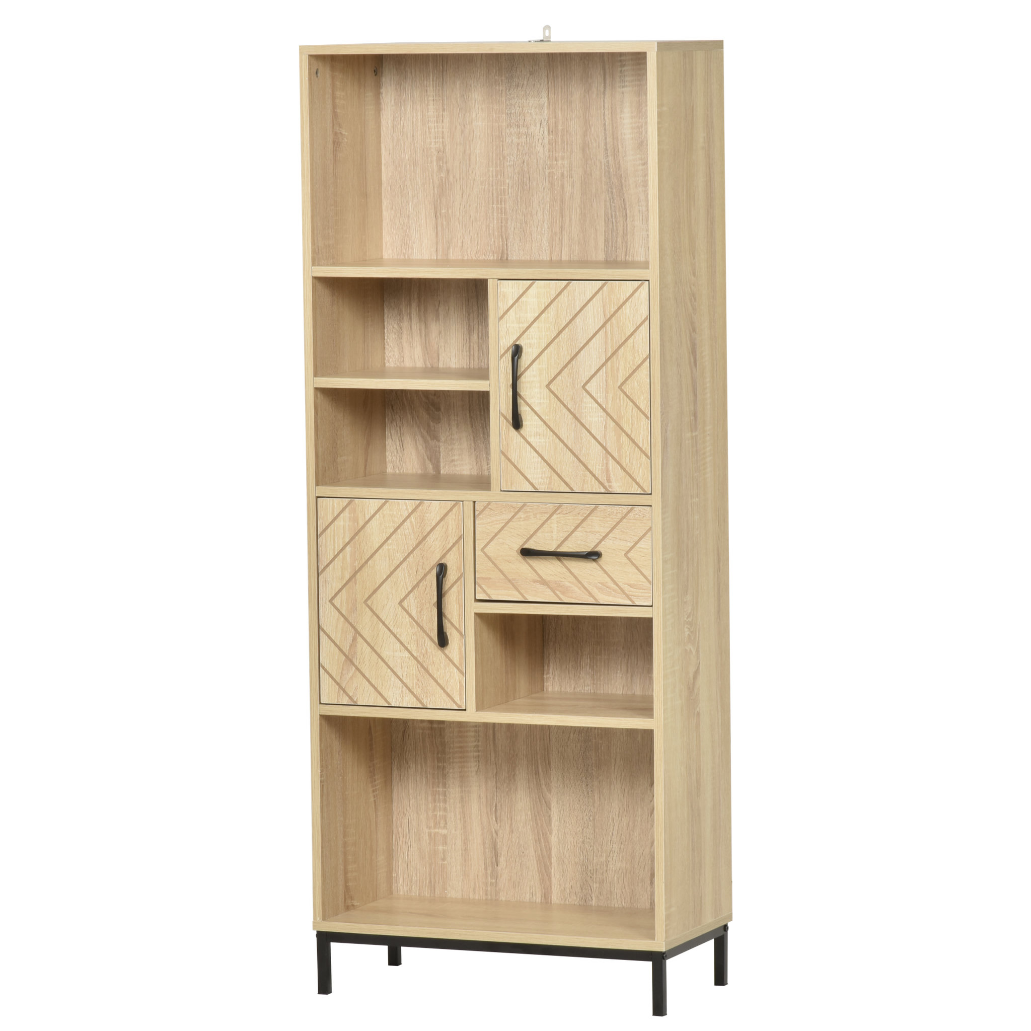 Voir la diapositive 1 : HOMCOM Biblliothèque 2 étagères 3 niches 2 placards + tiroir panneaux particules MDF chêne clair motif graphique métal noir