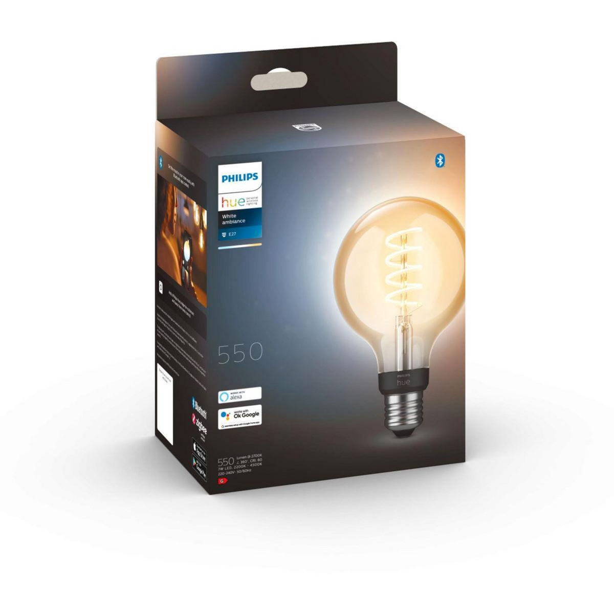 Philips Ampoule LED connectée HUE White Ambiance E27 7W Globe Filament