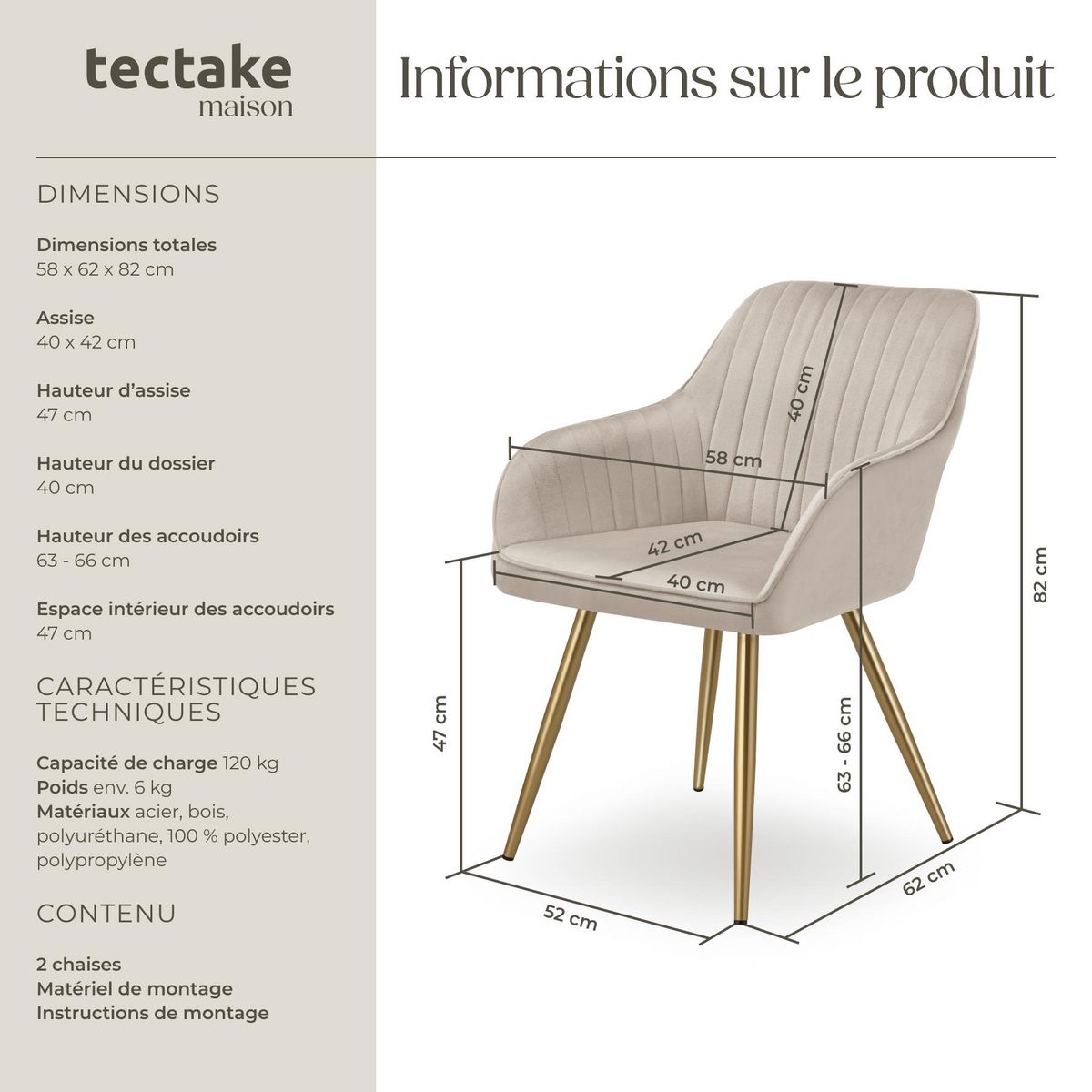 tectake Chaise de salle à manger en velours matelassé et rembourré taupe/or Lot de 2