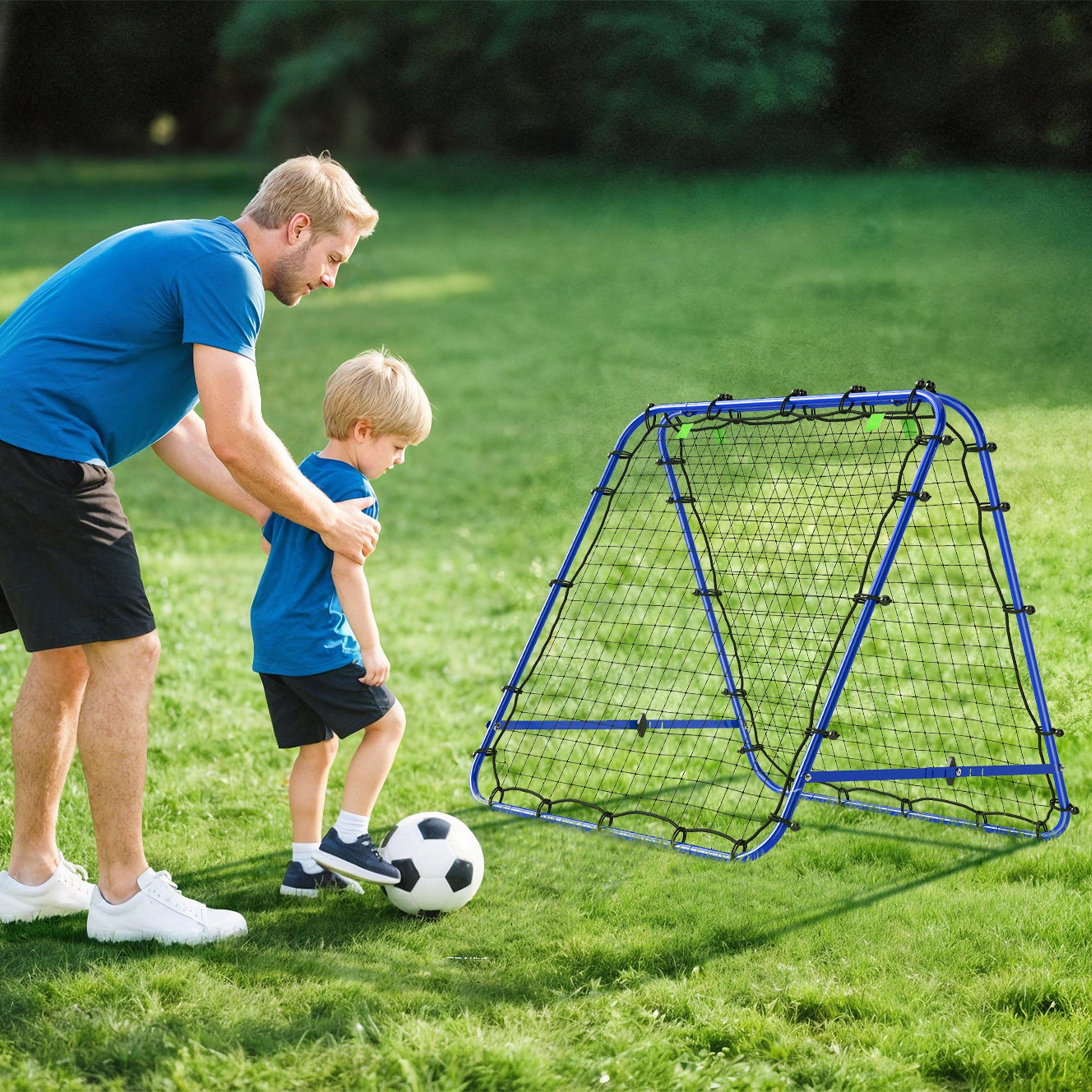 Voir la diapositive 2 : HOMCOM Filet de rebond double face pliable réglable 91 x 91 cm - rebondisseur football - acier pe bleu