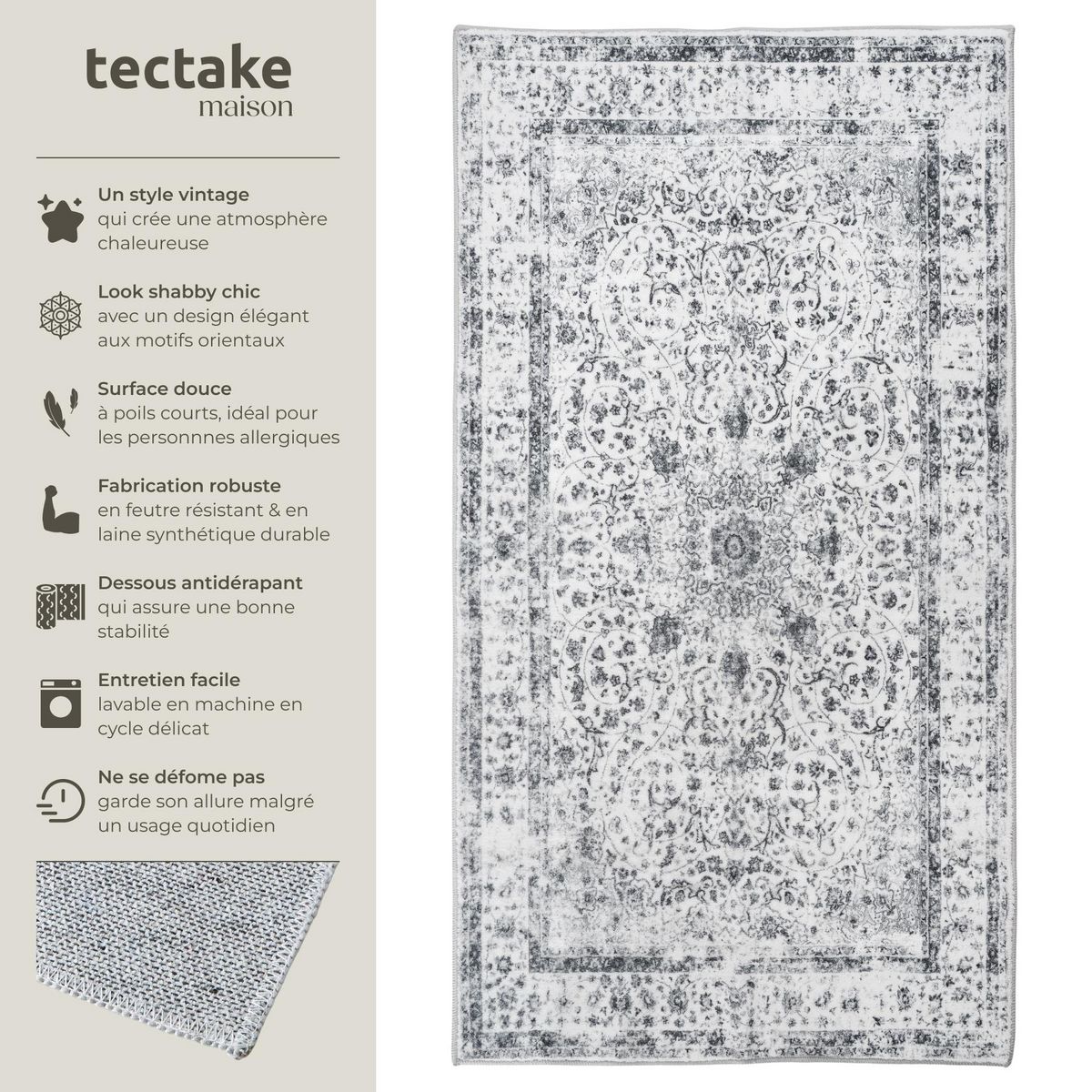 tectake Tapis design vintage à poils courts en laine synthétique et feutre gris 60 x 110 cm