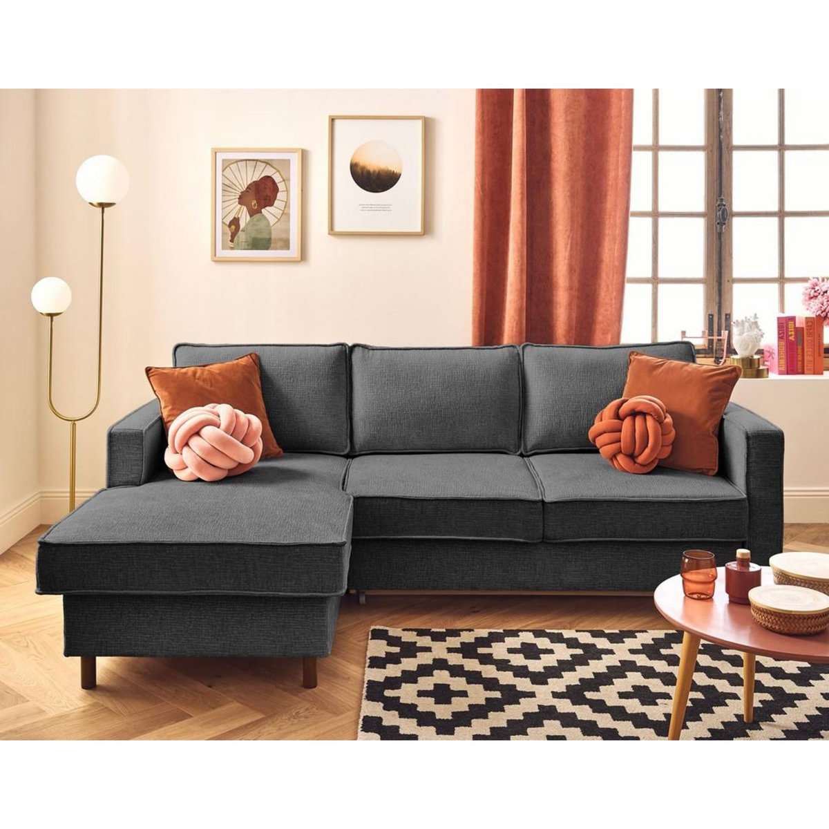 LISA DESIGN Jake - canapé d'angle gauche 4 places convertible avec coffre en tissu velours relief