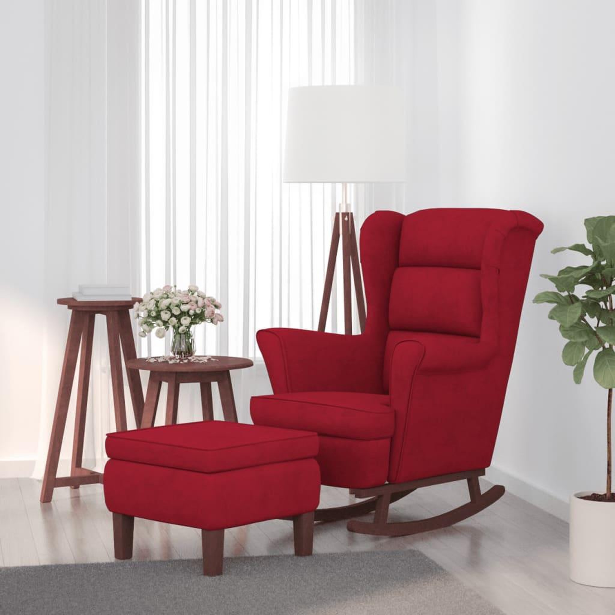 VIDAXL Chaise a bascule avec pieds en bois et tabouret Bordeaux