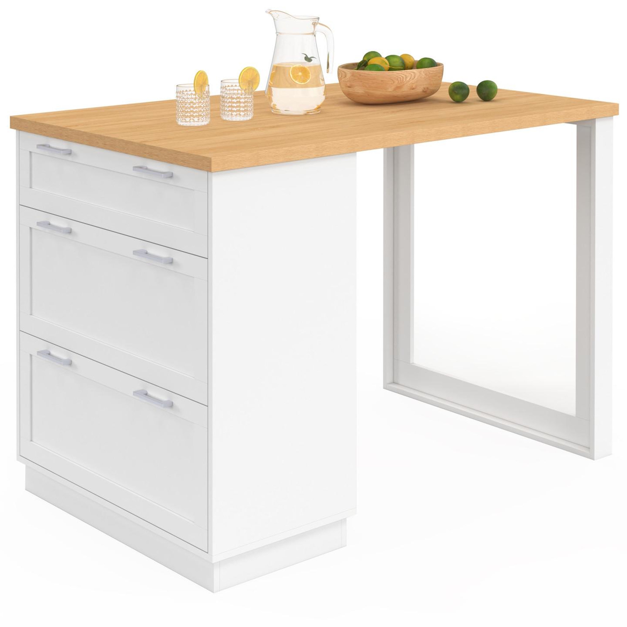 Voir la diapositive 4 : ID MARKET Ilot central mange-debout 4 personnes vito 130 cm casserolier 3 tiroirs blanc et plateau bois