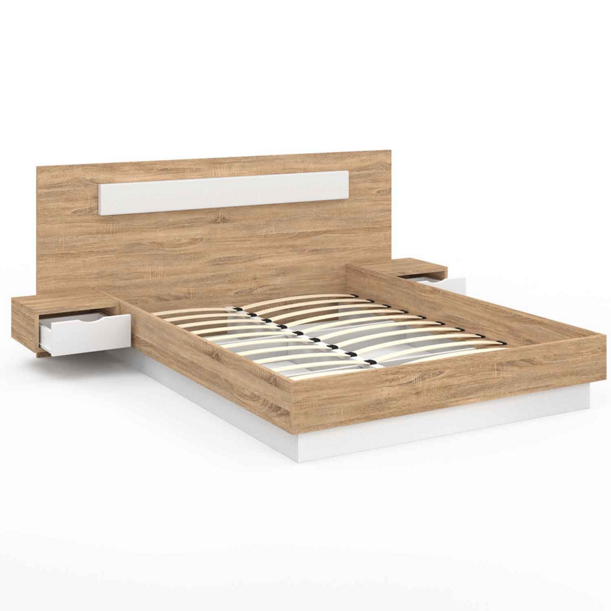 ID MARKET Lit double SANTA avec tête de lit + tables de chevet intégrées et sommier 140 x 190 cm bois et blanc
