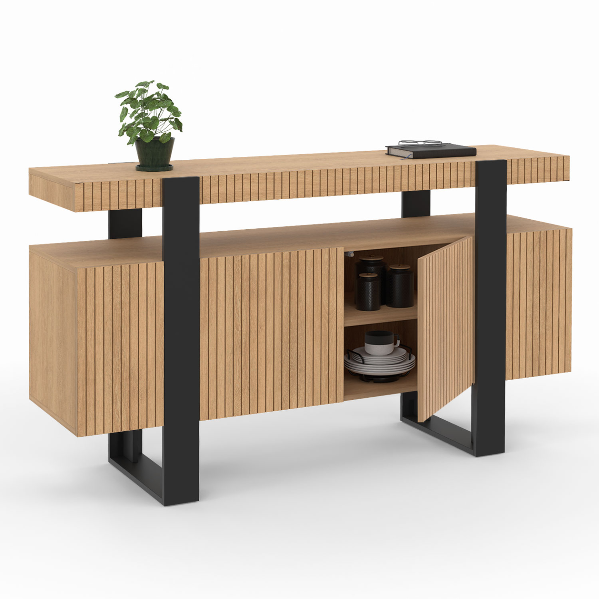 Voir la diapositive 4 : ID MARKET Buffet 140 cm octave 4 portes lattes tasseau bois