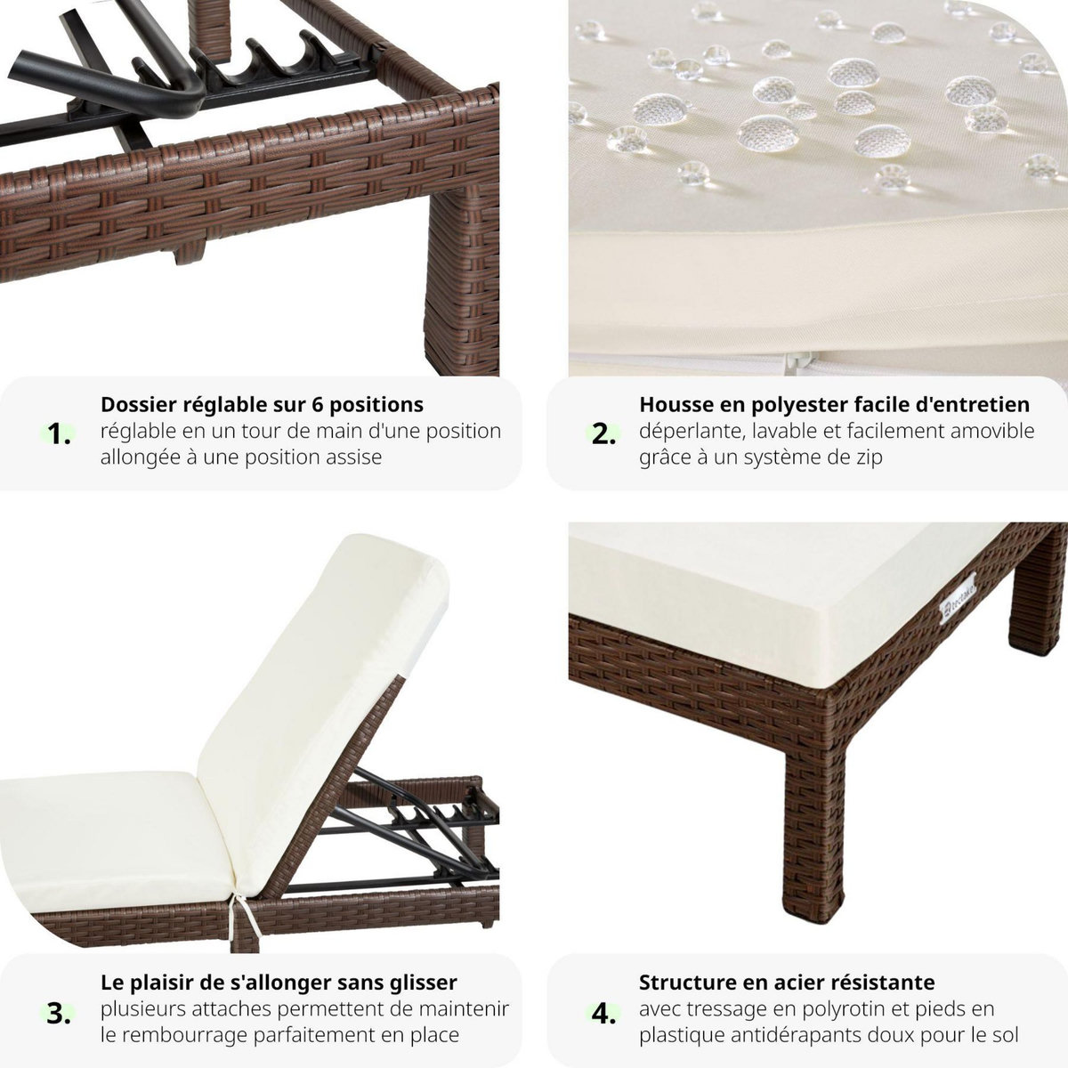 tectake Bain de soleil Transat en rotin Robuste marron