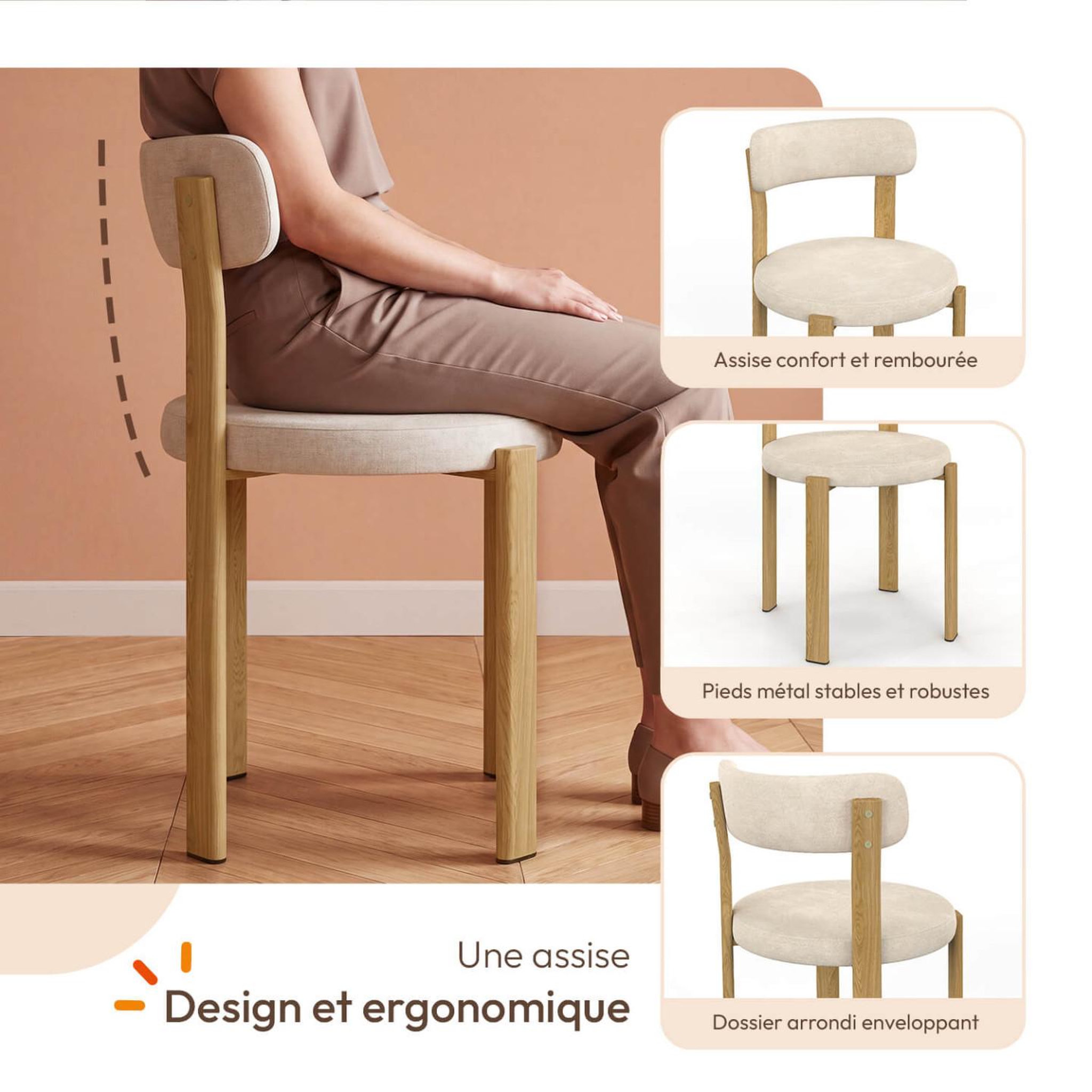 Voir la diapositive 3 : ID MARKET Lot de 4 chaises nella en tissu chenille beige pour salle à manger