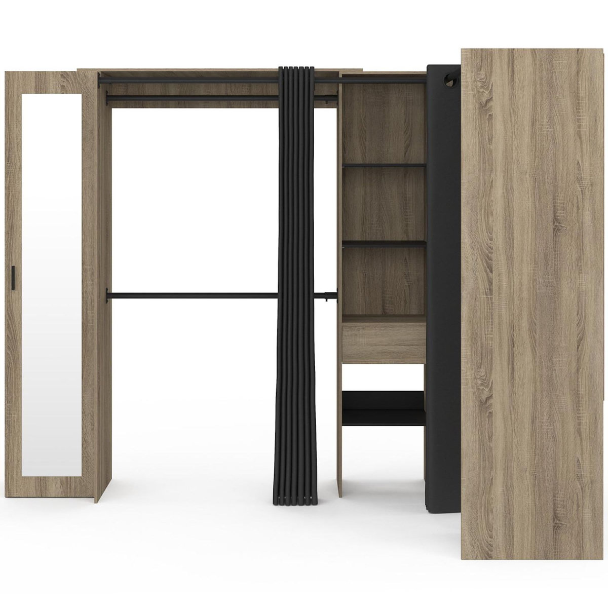 ID MARKET Dressing extensible d'angle MARLON 230 x 140 x 180 cm cm hêtre avec penderies + étagères + miroir + rideaux noirs