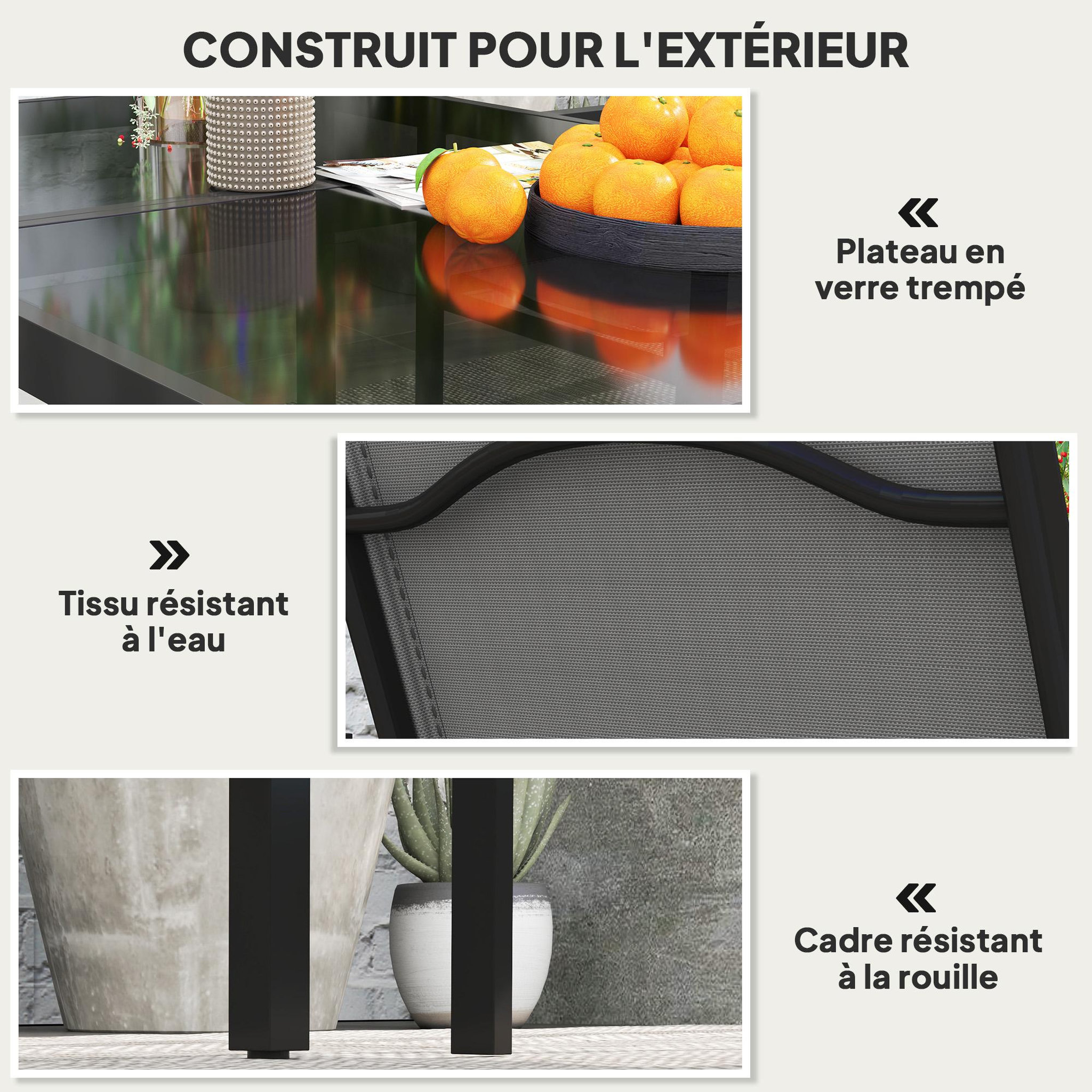 Voir la diapositive 6 : OUTSUNNY Ensemble table de jardin rectangulaire et 4 chaises empilables métal textliène verre trempé noir