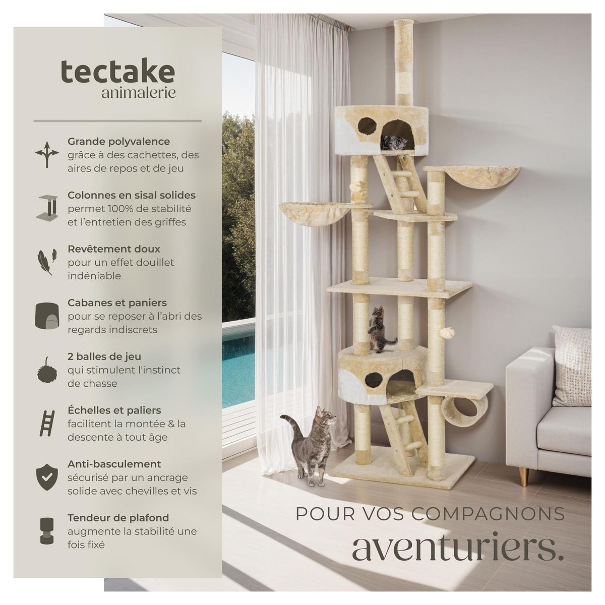 tectake Arbre à chat 243 à 260 cm avec griffoir et plateforme d'escalade beige/blanc