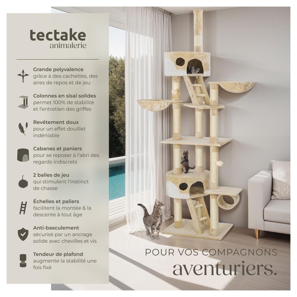 tectake Arbre à chat 243 à 260 cm avec griffoir et plateforme d'escalade beige/blanc