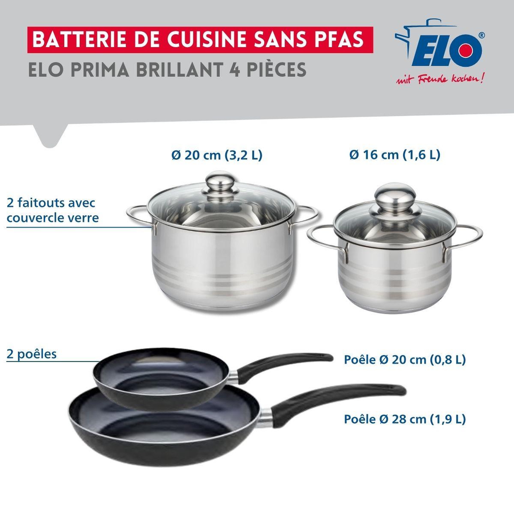 Voir la diapositive 2 : ELO Ensemble de 2 poêles de cuisson 20 et 28 cm et 2 faitouts 16 et 20 cm elo prima brillant