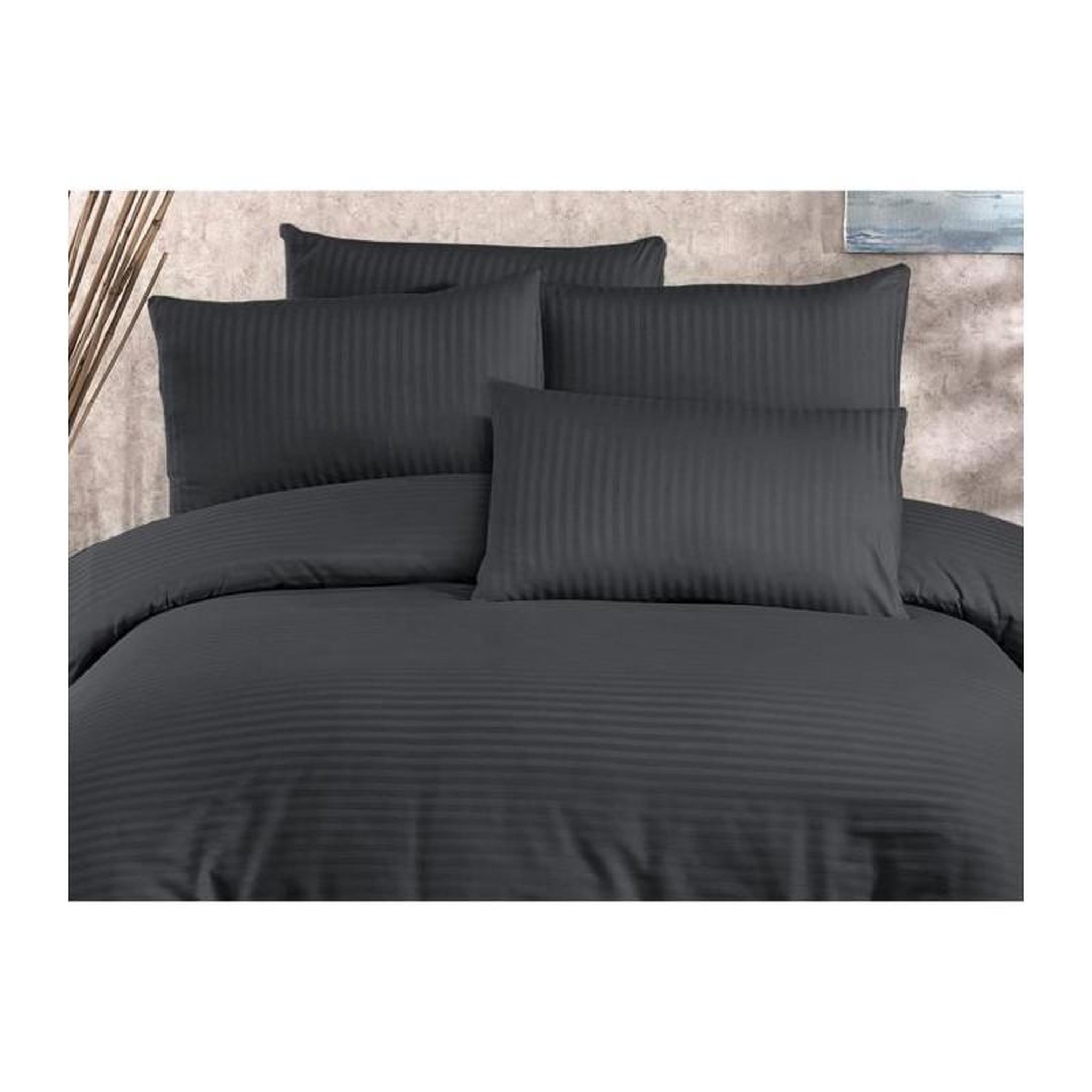 Voir la diapositive 3 : GENERIQUE Parure de lit - 1 housse de couette 220x240 cm + 2 taies d'oreiller 60x60 cm - 70% polyester, 30% coton - Anthracite