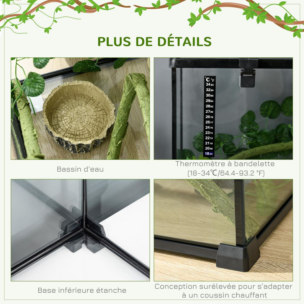 PAWHUT Terrarium verre transparent - couvercle treillis métallique coulissant verrouillable, trappe, distributeur eau, thermomètre - noir