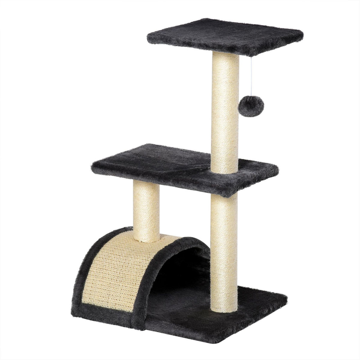 PAWHUT Arbre à chat griffoir grattoir design jeu boule suspendue 2 plateformes peluche sisal naturel gris