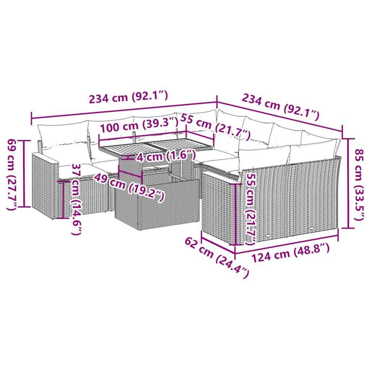 VIDAXL Salon de jardin avec coussins 9 pcs noir resine tressee acacia