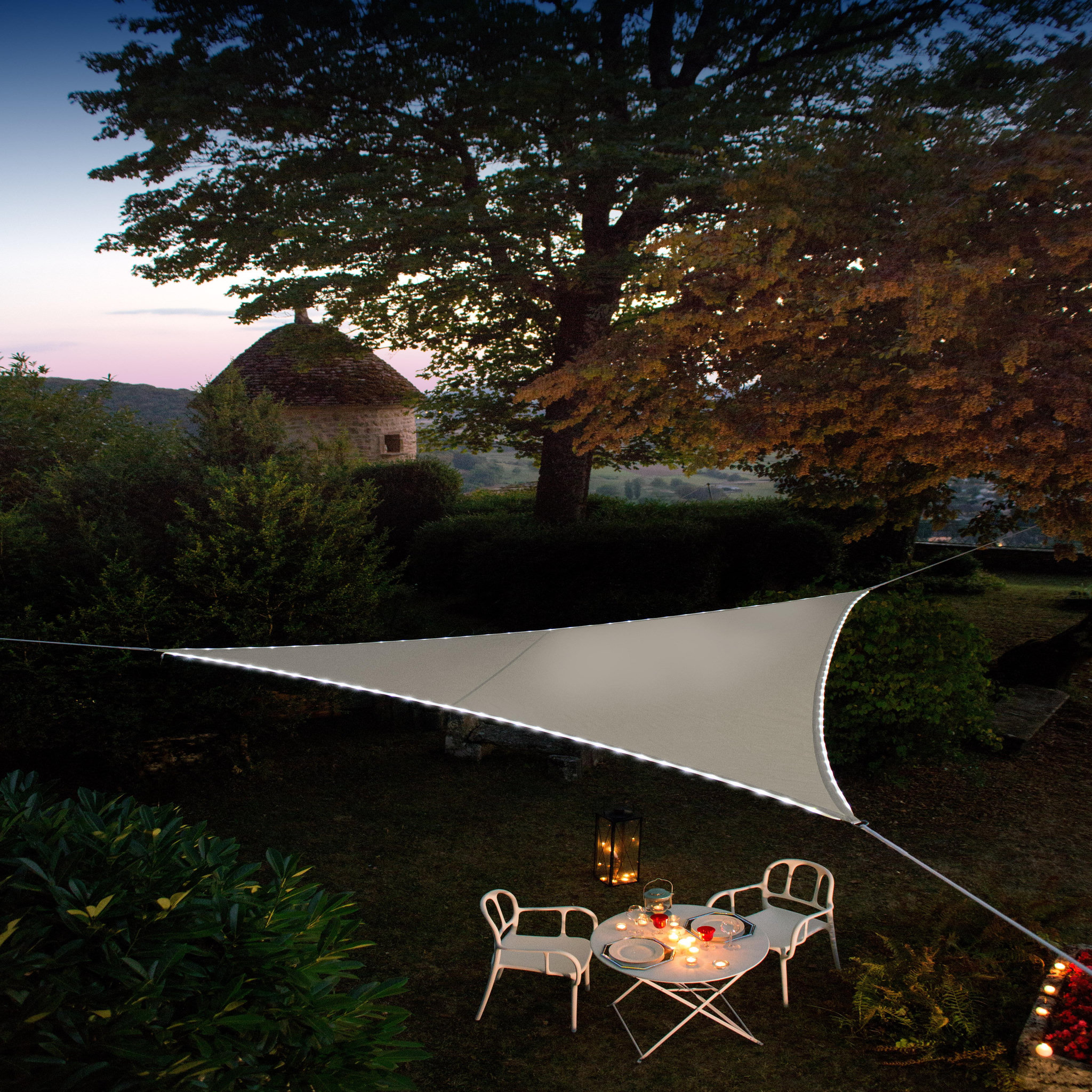 JARDILINE Voile d'ombrage triangulaire 3m60 avec 107 LEDS taupe