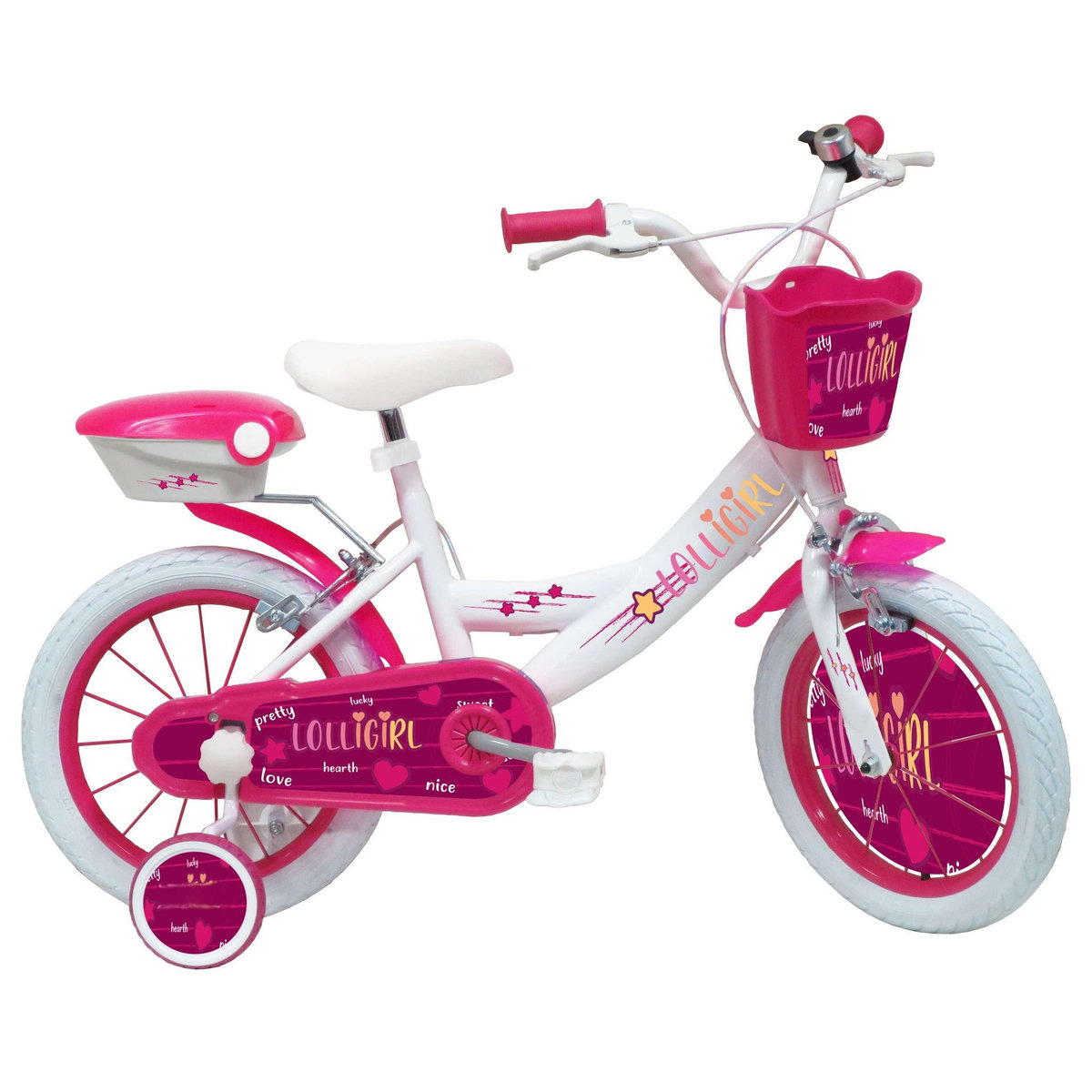 Vélo enfant - Modèle 16''Lolli Girl pour enfant de 105/120 cm avec stabilisateurs - Panier avant - Coffre arrière - 2 freins et pneus gonflables