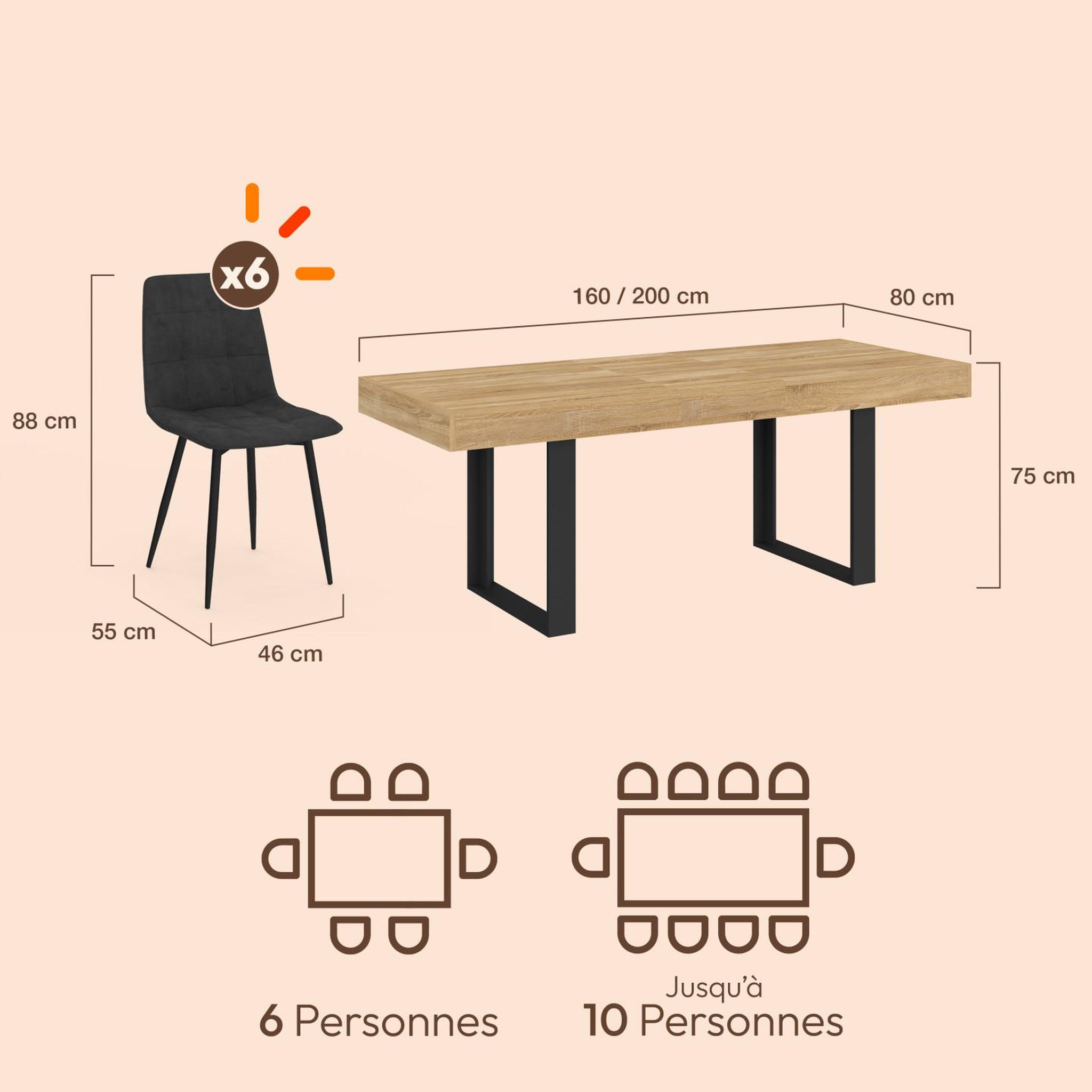 Voir la diapositive 6 : ID MARKET Ensemble table à manger extensible rectangle PHOENIX 4-8 personnes bois et noir 160 - 200 cm et 6 chaises MILA en velours noir