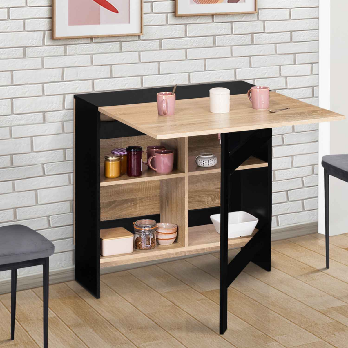 ID MARKET Table console pliable EDI 2-6 personnes avec rangements bois noir plateau façon hêtre 150 x 80 cm
