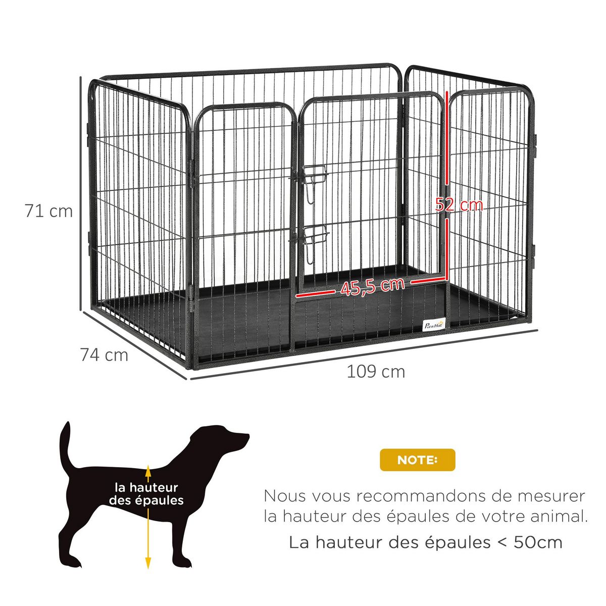 PAWHUT Cage chien démontable - enclos chien intérieur/extérieur - porte verrouillable, plateau - acier ABS gris noir