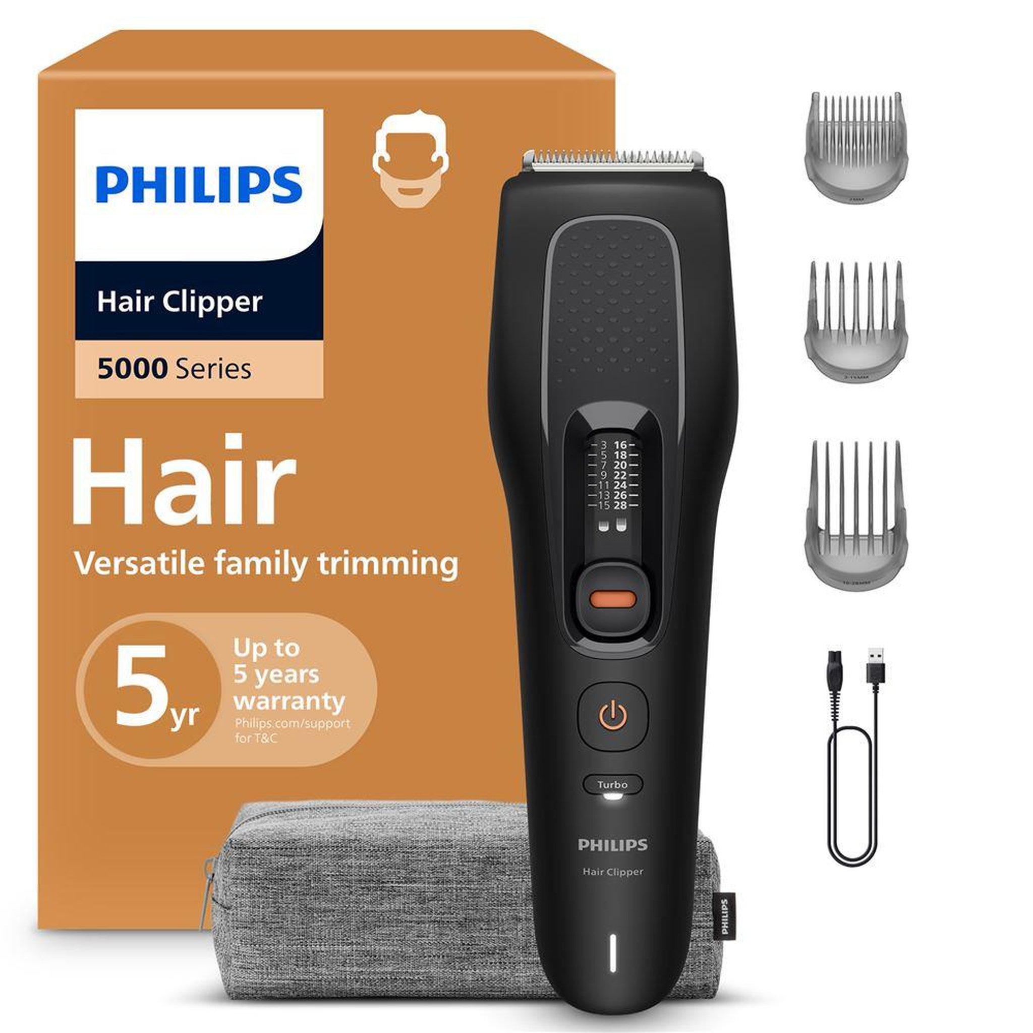 Philips Philips 5000 hc5733/15 tondeuse à cheveux sans fil noire, 16 hauteurs dualcut, mode turbo, capteur poweradapt