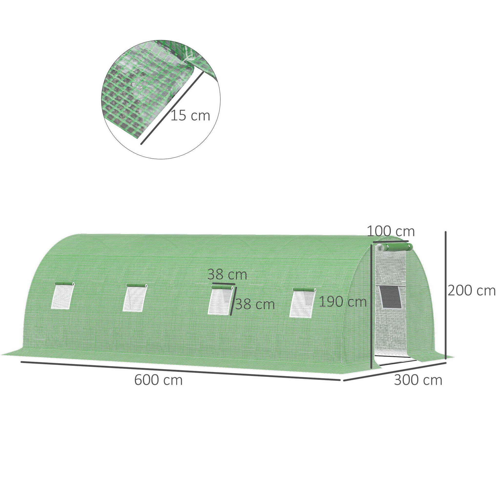 Voir la diapositive 3 : OUTSUNNY Serre de jardin tunnel 18 m² dim. 6l x 3l x 2h m - 8 fenêtres, porte zippée enroulable - châssis tubulaire acier galvanisé, bâche pe haute densité vert