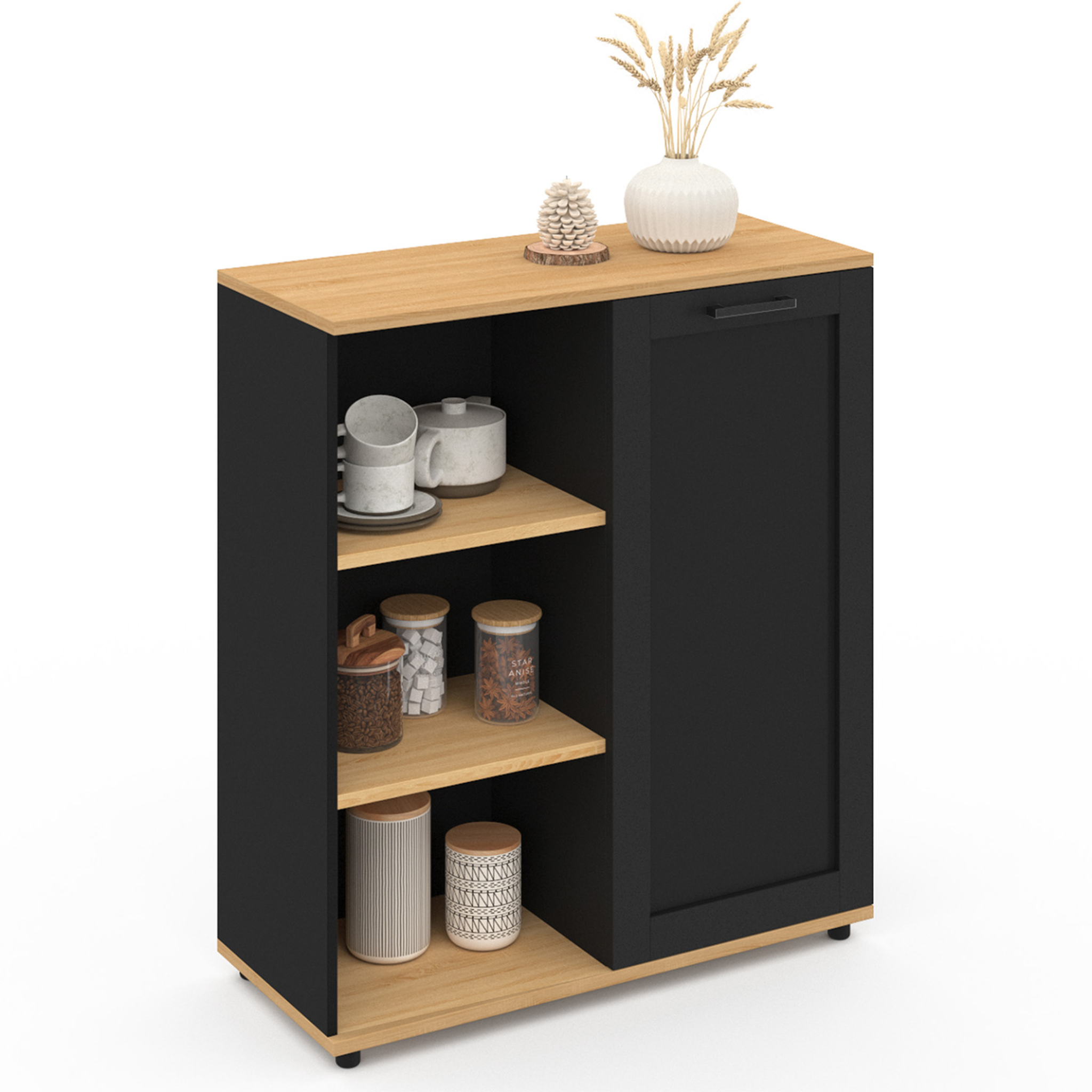 ID MARKET Buffet d'appoint 70 cm vito 3 étagères et placard noir et plateau bois