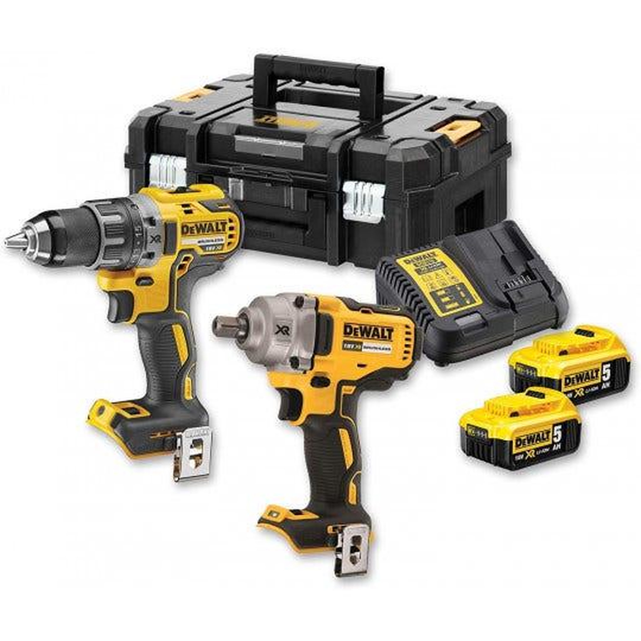 Dewalt Kit 2 outils xr 18v 5ah-li-ion brushless - perceuse visseuse percussion compact dcd791 + boulonneuse à chocs dcf894 + 2 batteries 5ah + 1 chargeur + 1 coffret