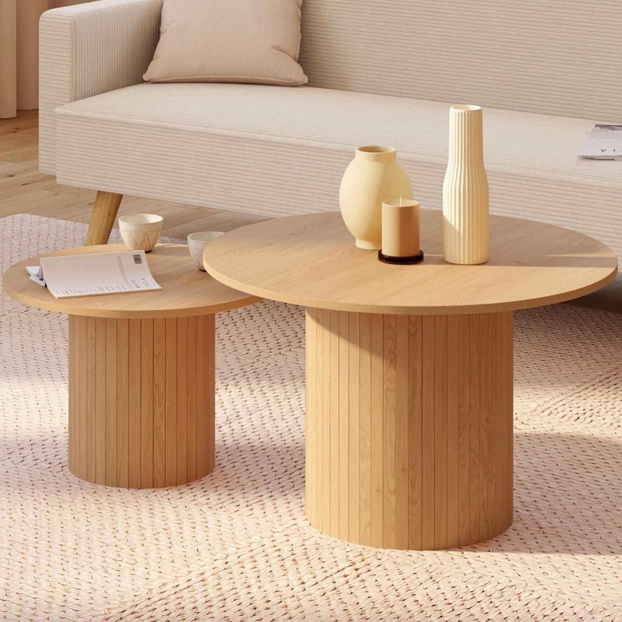 Voir la diapositive 2 : ID MARKET Lot de 2 tables basses gigognes juliette rondes 50/70 effet lattes tasseau bois coloris chêne