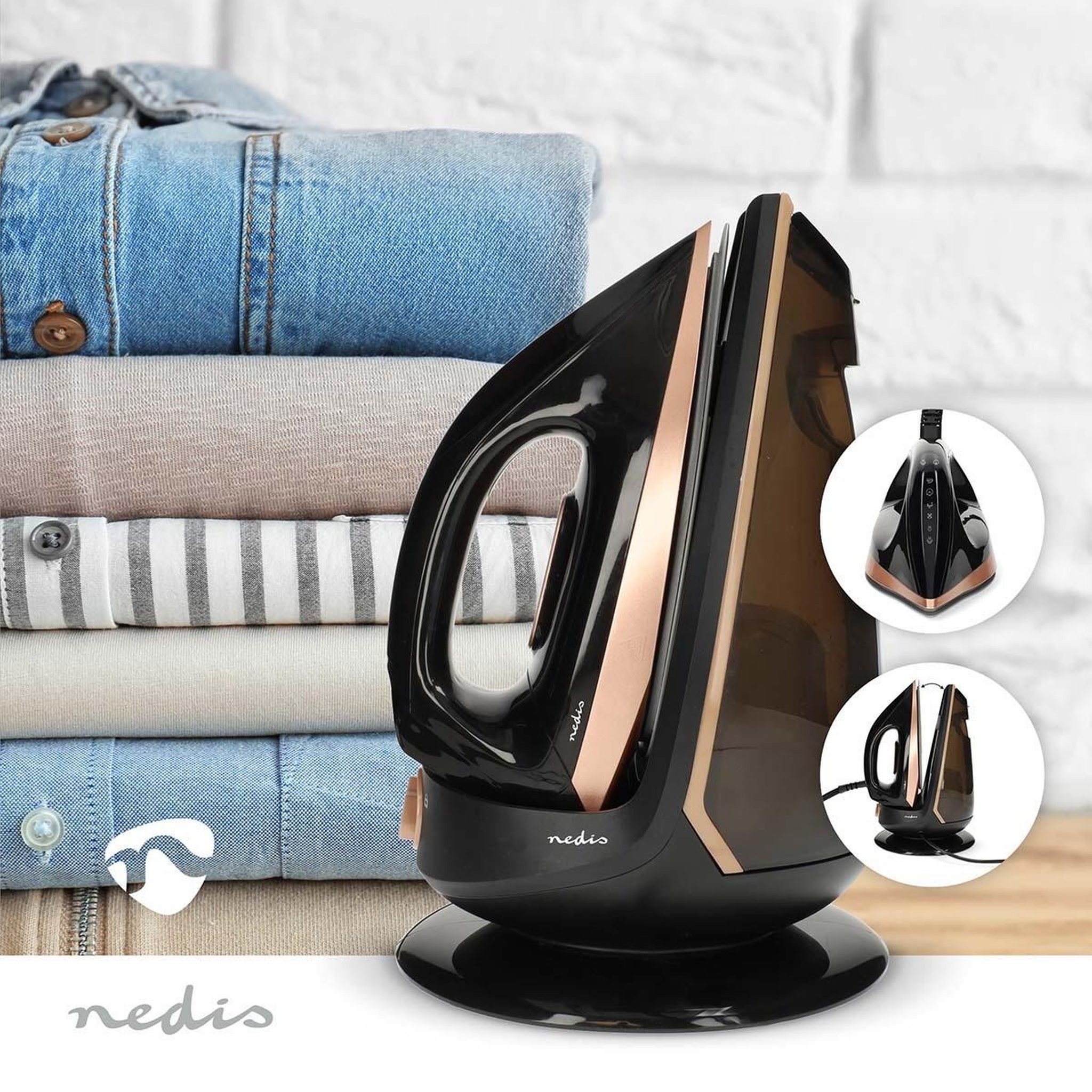 Voir la diapositive 2 : NEDIS Centrale Vapeur 2400W Fer à repasser Noir & Rose Gold 7bars Réservoir 1,5 L semelle Céramique Défroissage vertical Nedis