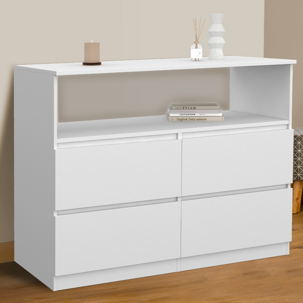 ID MARKET Commode 4 tiroirs TOMI 100 cm avec niche bois blanc