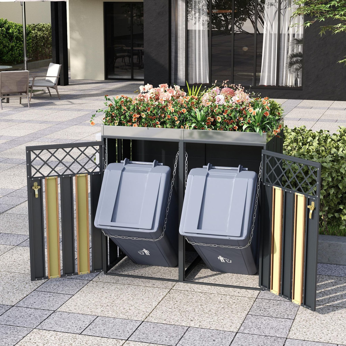 MERAX Cache Poubelle Extérieur 2 Bacs avec Bac à Plantes, Rangement, Gris