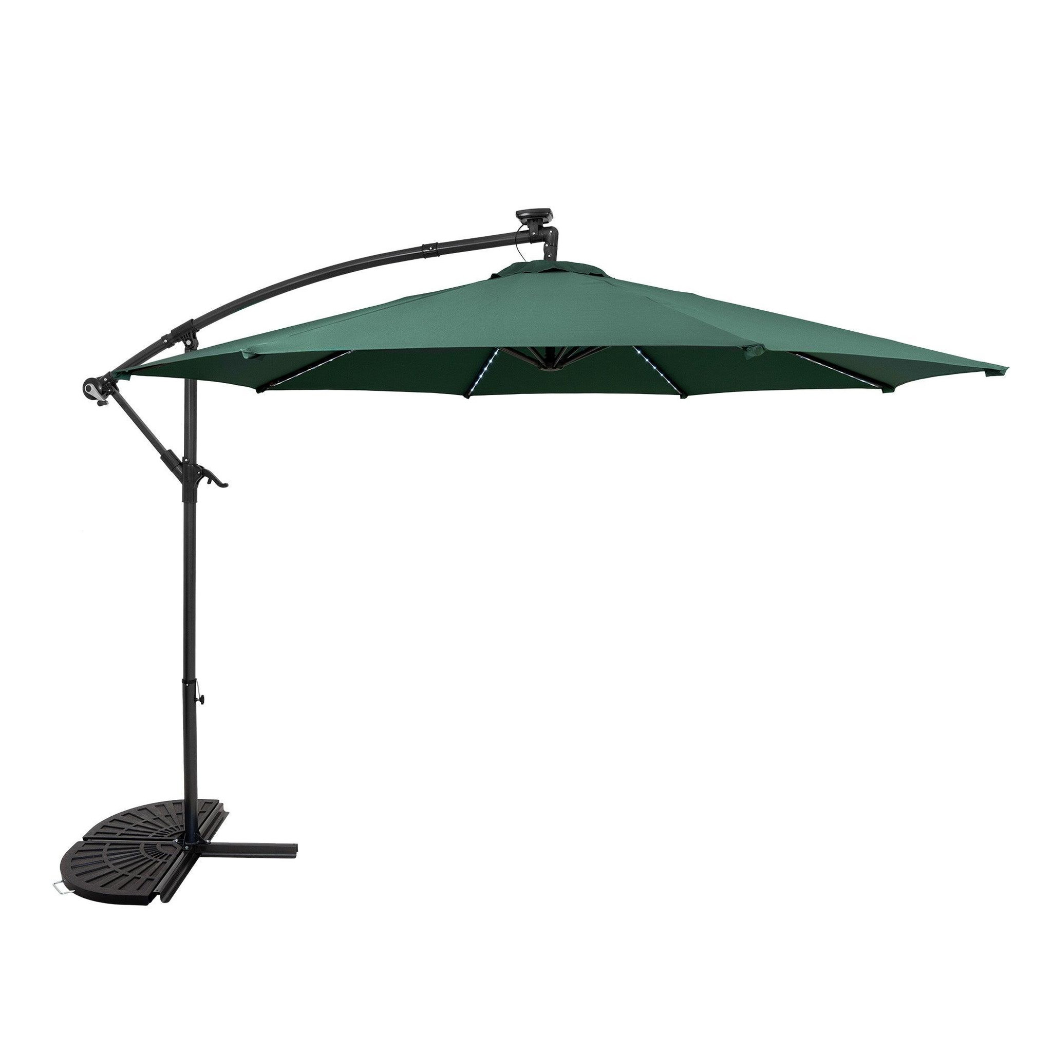 Monster Parasol Banane à Mât Déporté à LED 3 m & 2 Pieds en Éventail. Coloris disponibles : Beige, Noir, Vert, Gris