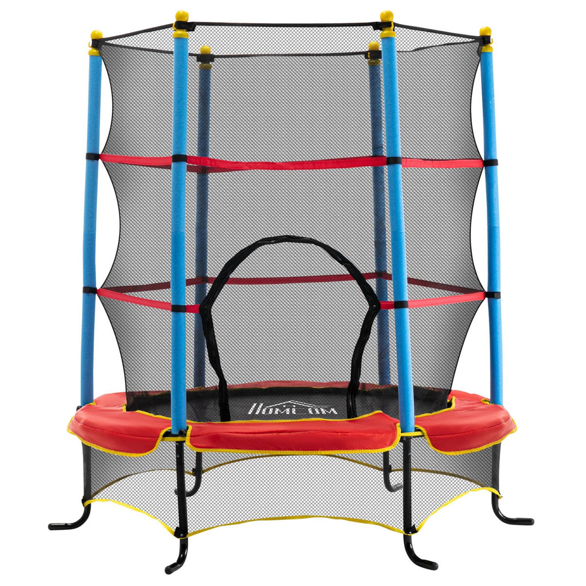 HOMCOM Trampoline de jardin enfant Ø 1,65 × 1,62H m filet de sécurité porte zipée couvre-ressorts + 6 poteaux rembourrés inclus rouge bleu noir